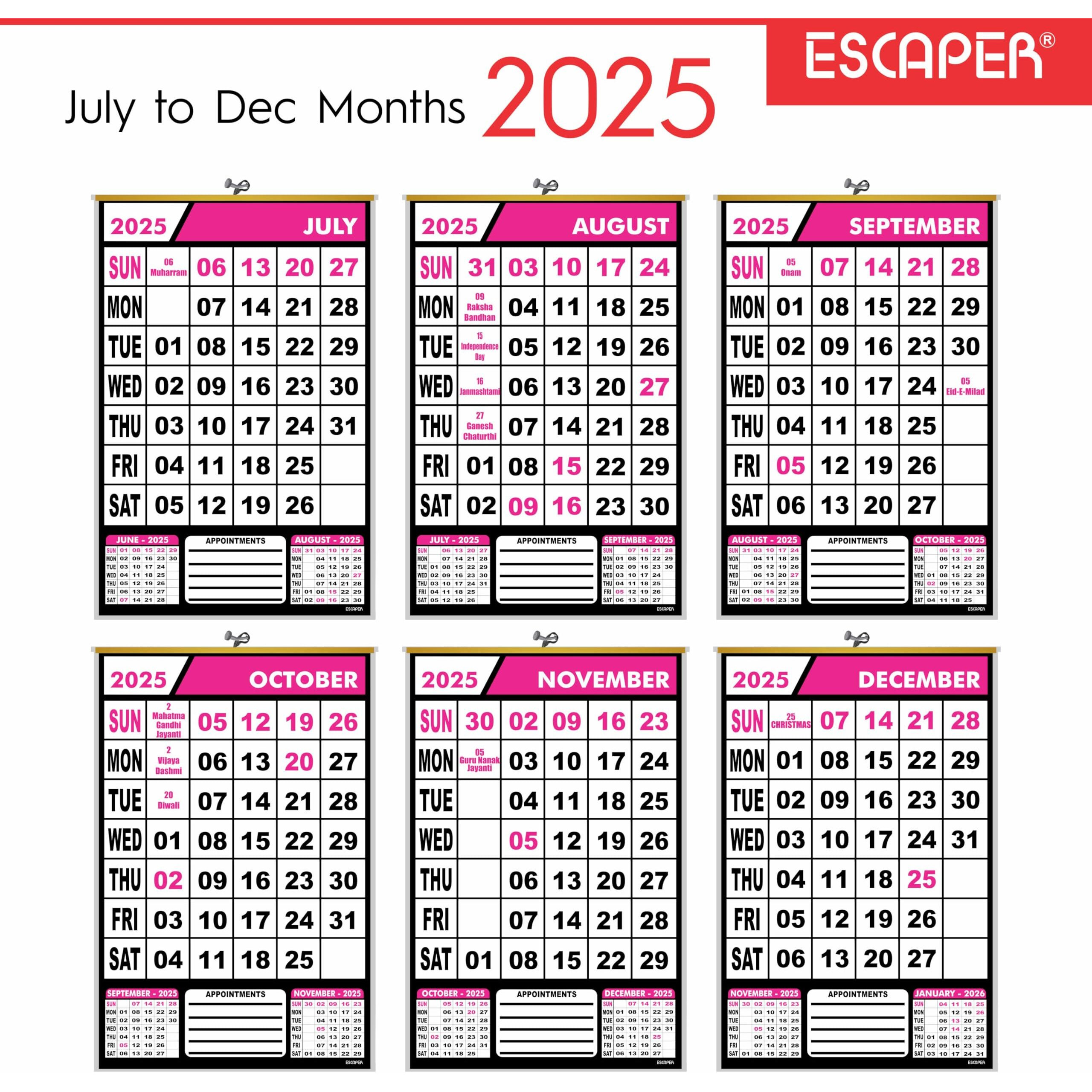 ESCAPER 2025 Wall Calendar Hanging for Home & Office Use, Office Wall Calendar 2025 Hanging, Home Wall Calendar Hanging, Indian Holidays Mentioned, Appointment Planning (Pink, 3 Qty)