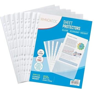 WHNOATOC 50 Pack 200 Micron Sheet Protectors, Plastic Clear Folder Leafs Document Sleeves, Heavyweight Non-Glare, Reinforced 11-Hole, Acid-Free, Archival Safe for Documents and Photos (A-4 Size)