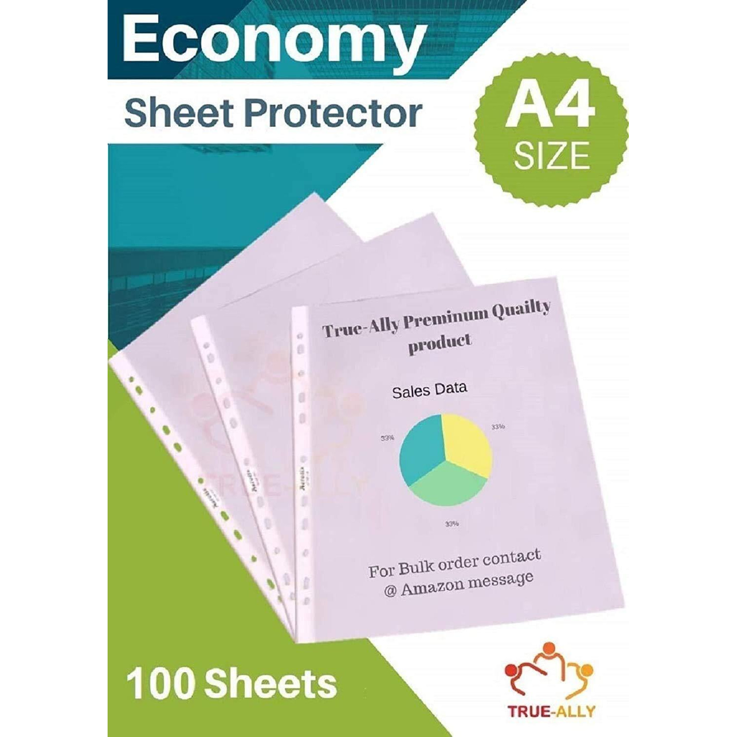 True-Ally 100 Pcs Transparent Document Sleeves, Leaf Sheet Clear Certificates/Waterproof Sheet Protectors 11 Holes Punched Ring Files Folder (A4Size) (100 Sheets) - (Pack of 1)