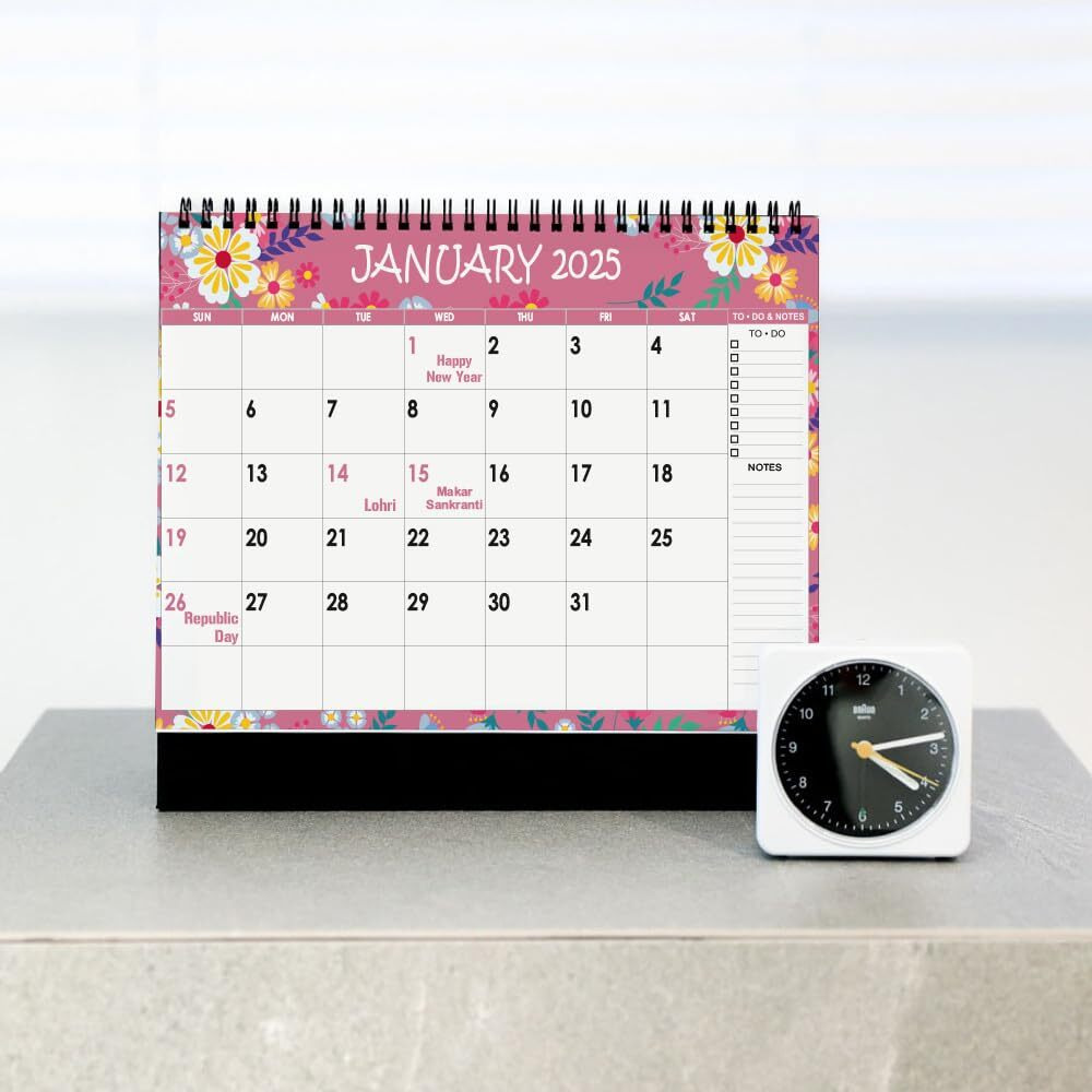 AccuPrints l 2025 l Floral Desk Calendar l 12 Months l Includes Note and To.Do. Section l 250 GSM l Planning, Tracking & Scheduling l Black Wire.