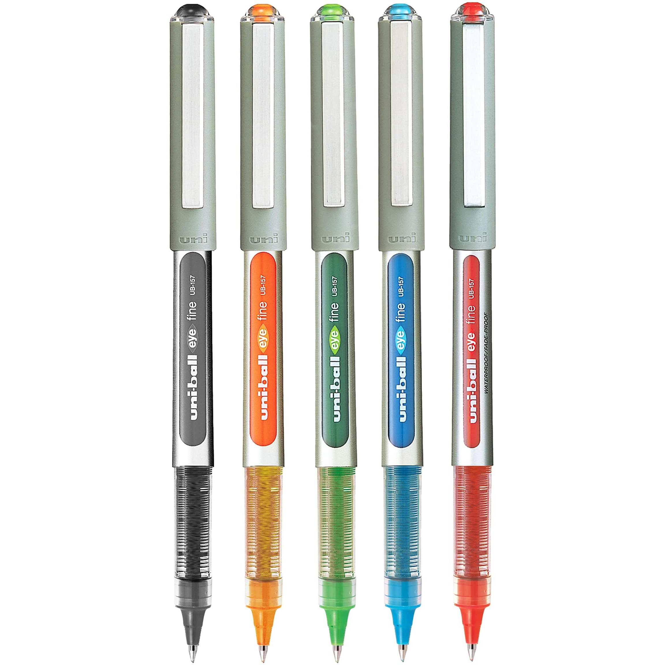 UNI-BALL Eye Ub157 0.7mm Roller Ball Pen | Light Blue, Black, Orange, Light Green & Red Ink, Pack of 5