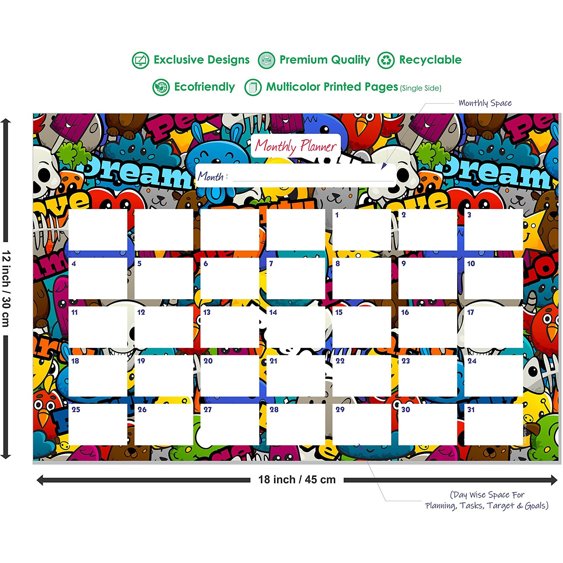 ESCAPER Graffiti Theme Monthly Planner Sheets - Pack of 6, A3-Sized Sheets for 6 Months of Productive Planning and Organizing