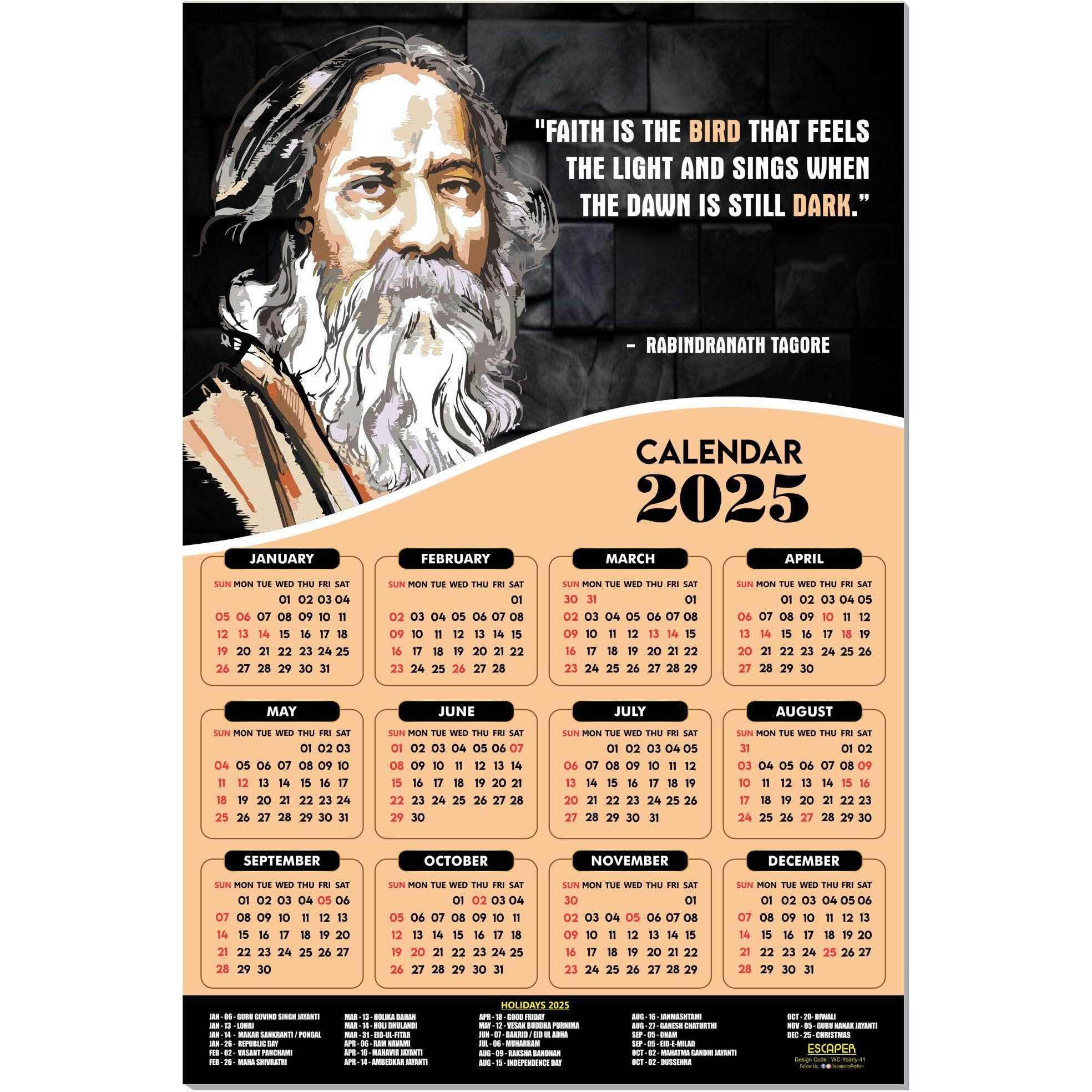 ESCAPER Rabindranath Tagore Wall Calendar 2025 & Inspirational Quotes (12 x 18), Famous Quotes Wall Calendar 2025, Wall Calendar 2025 for Room Decoration, Wall Art