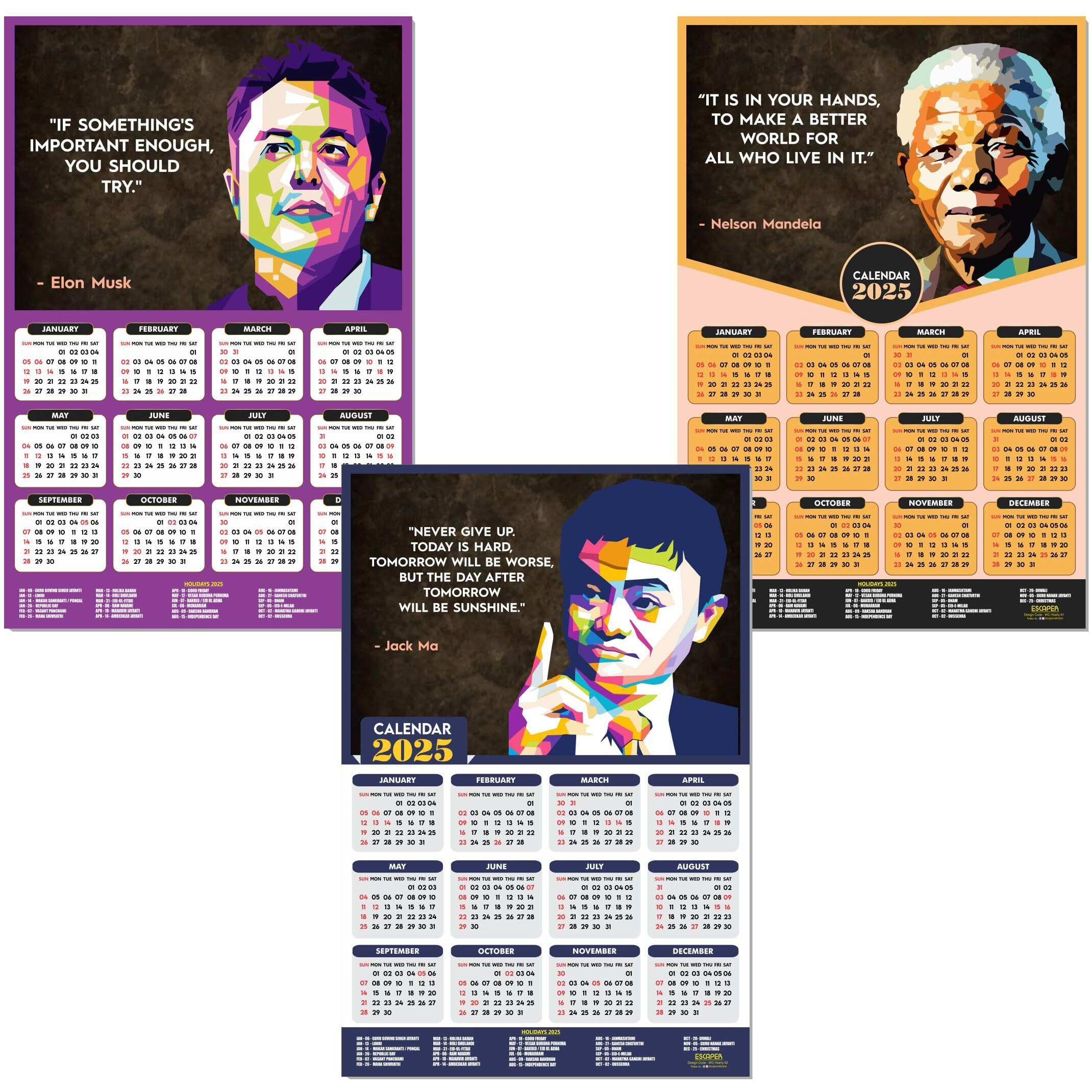ESCAPER Motivational Wall Calendar 2025 & Inspirational Quotes (12 x 18, 300 GSM), Famous Quotes Wall Calendar 2025, Wall Calendar 2025 for Room Decoration, Wall Art