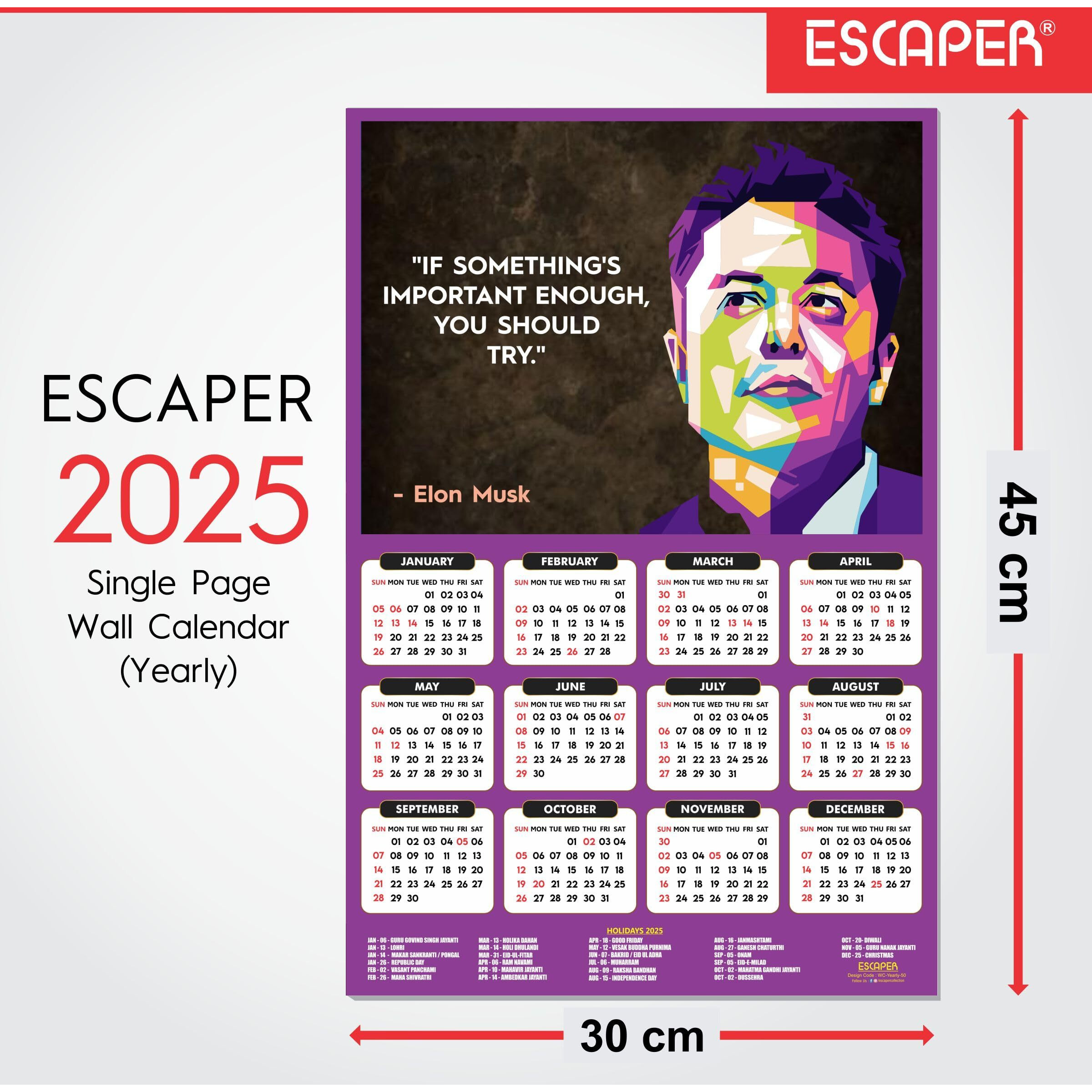ESCAPER Motivational Wall Calendar 2025 & Inspirational Quotes (12 x 18, 300 GSM), Famous Quotes Wall Calendar 2025, Wall Calendar 2025 for Room Decoration, Wall Art
