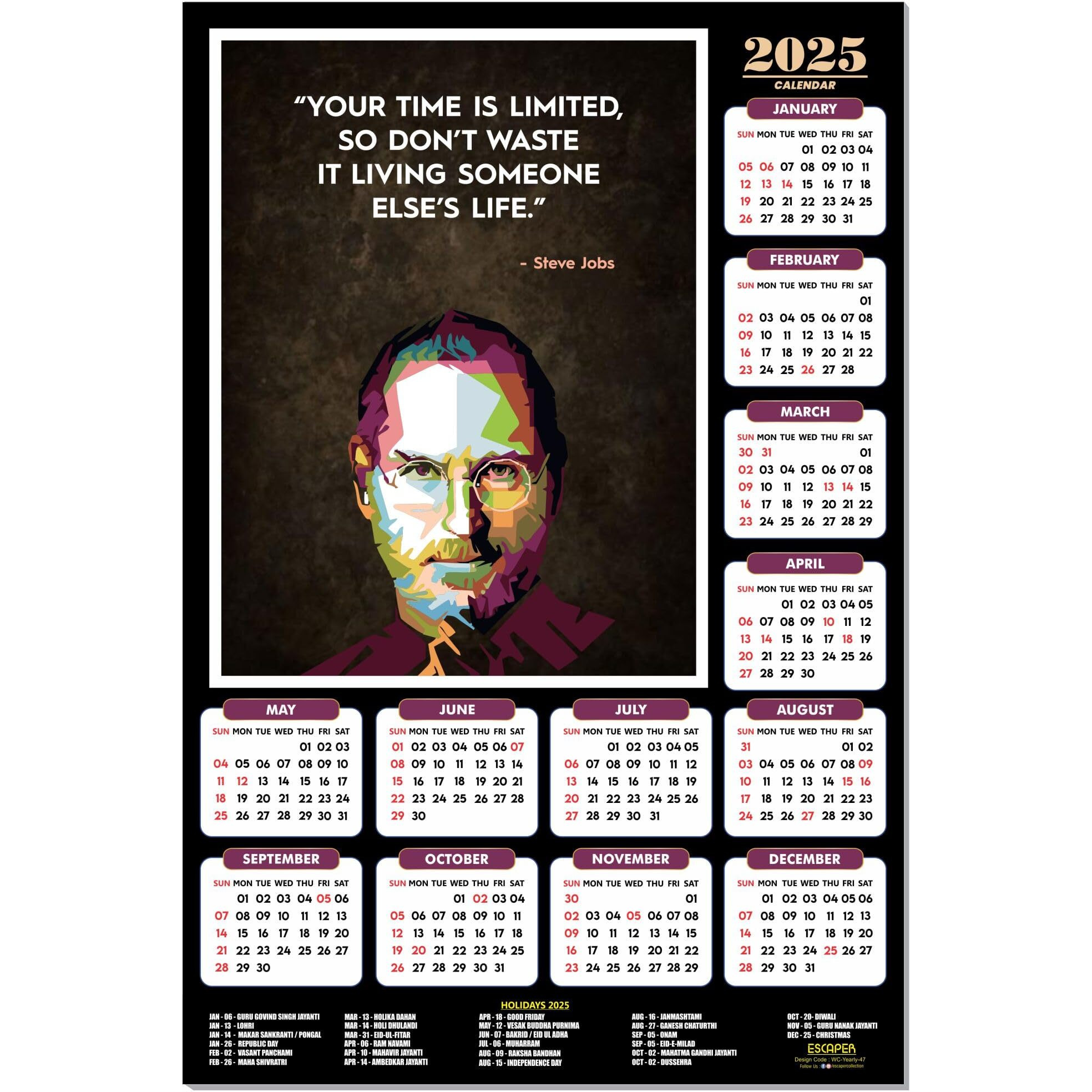 ESCAPER Steve Jobs Motivational Wall Calendar 2025 & Inspirational Quotes (12 x 18), Famous Quotes Wall Calendar 2025, Wall Calendar 2025 for Room Decoration, Wall Art