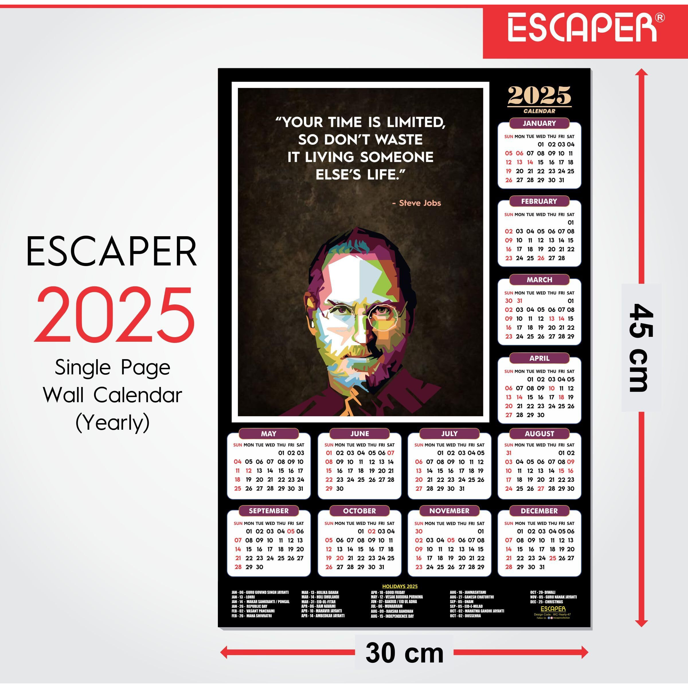 ESCAPER Steve Jobs Motivational Wall Calendar 2025 & Inspirational Quotes (12 x 18), Famous Quotes Wall Calendar 2025, Wall Calendar 2025 for Room Decoration, Wall Art