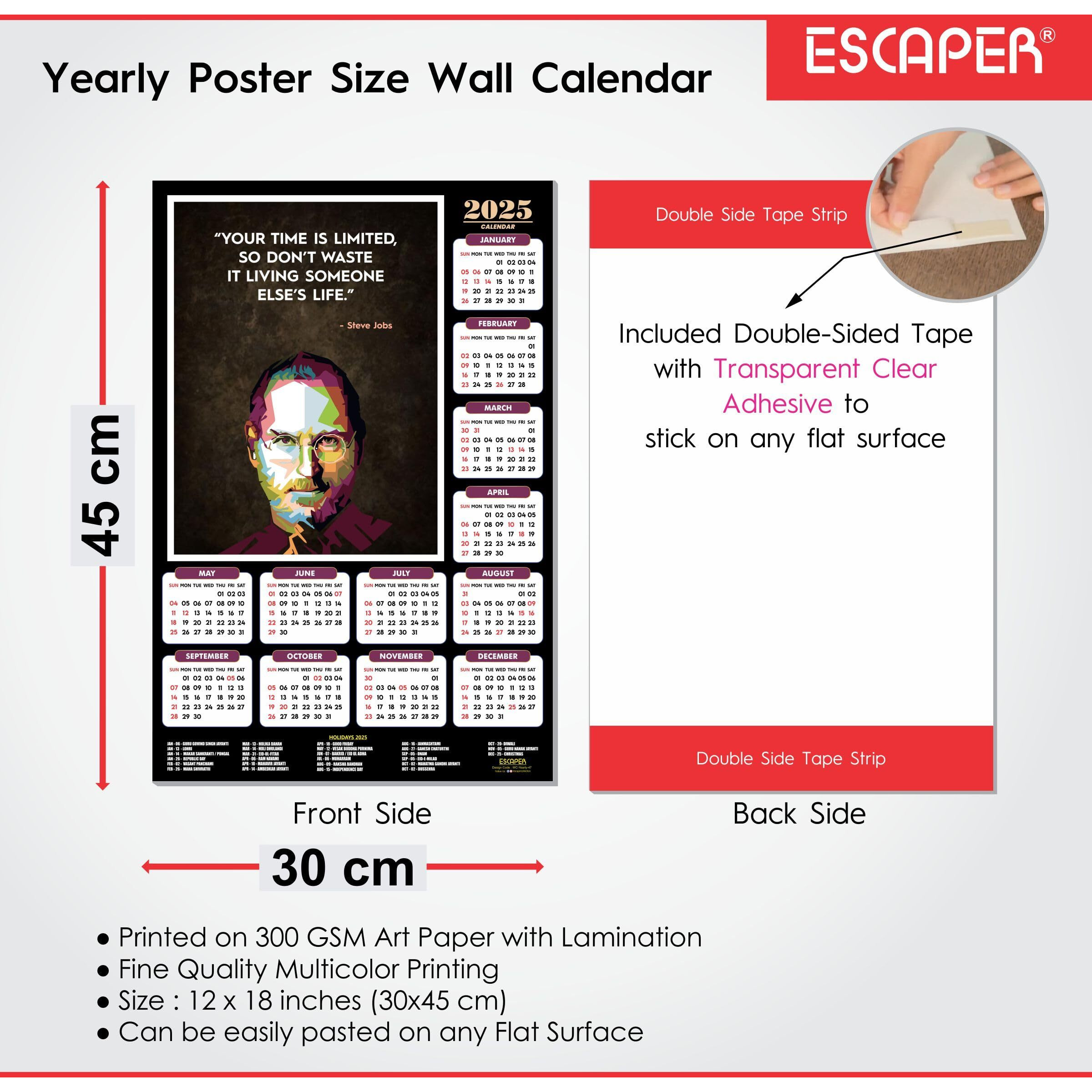 ESCAPER Steve Jobs Motivational Wall Calendar 2025 & Inspirational Quotes (12 x 18), Famous Quotes Wall Calendar 2025, Wall Calendar 2025 for Room Decoration, Wall Art