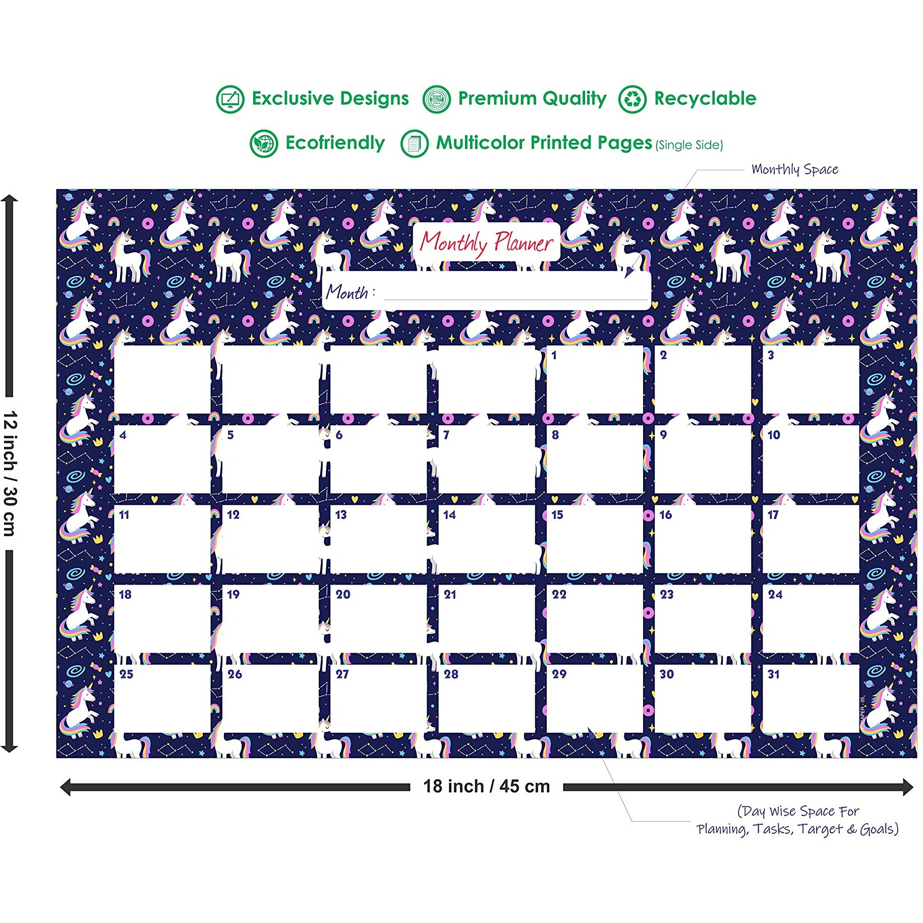 ESCAPER Mini Unicorn Theme Monthly Planner Sheets - Pack of 6, A3-Sized Sheets for 6 Months of Productive Planning and Organizing