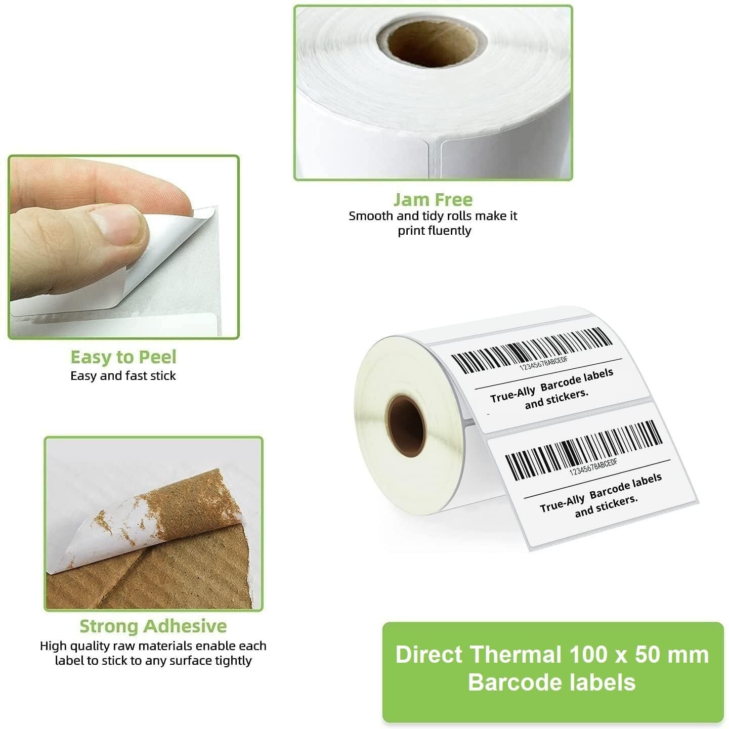 True-Ally 100x50 Direct Thermal (DT) Barcode Label Sticker - 4 x 2 inches - 100mm x 50mm - 1000 Labels Per Roll - White Self Adhesive Sticker for Printing Barcoding (1 Roll Per Pack(1000 Labels))