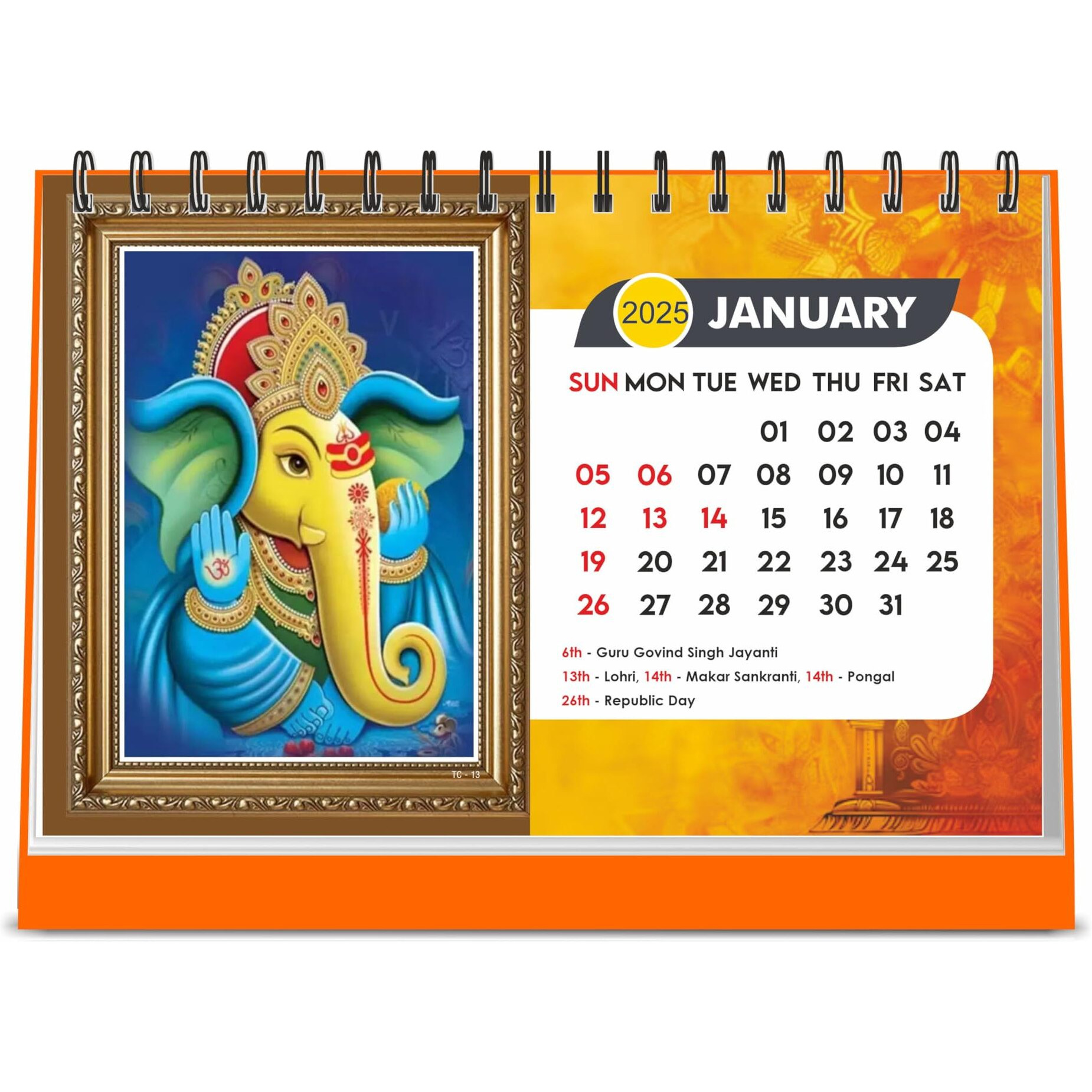 ESCAPER Lord Ganesha Standing Flip Desktop Calendar 2025 (Pack of 2 Units), 12 Monthly Pages with Thick Paper Twin-Wire Binding Table Calendar 2025 (A5 Size, 8.5" x 5.5")