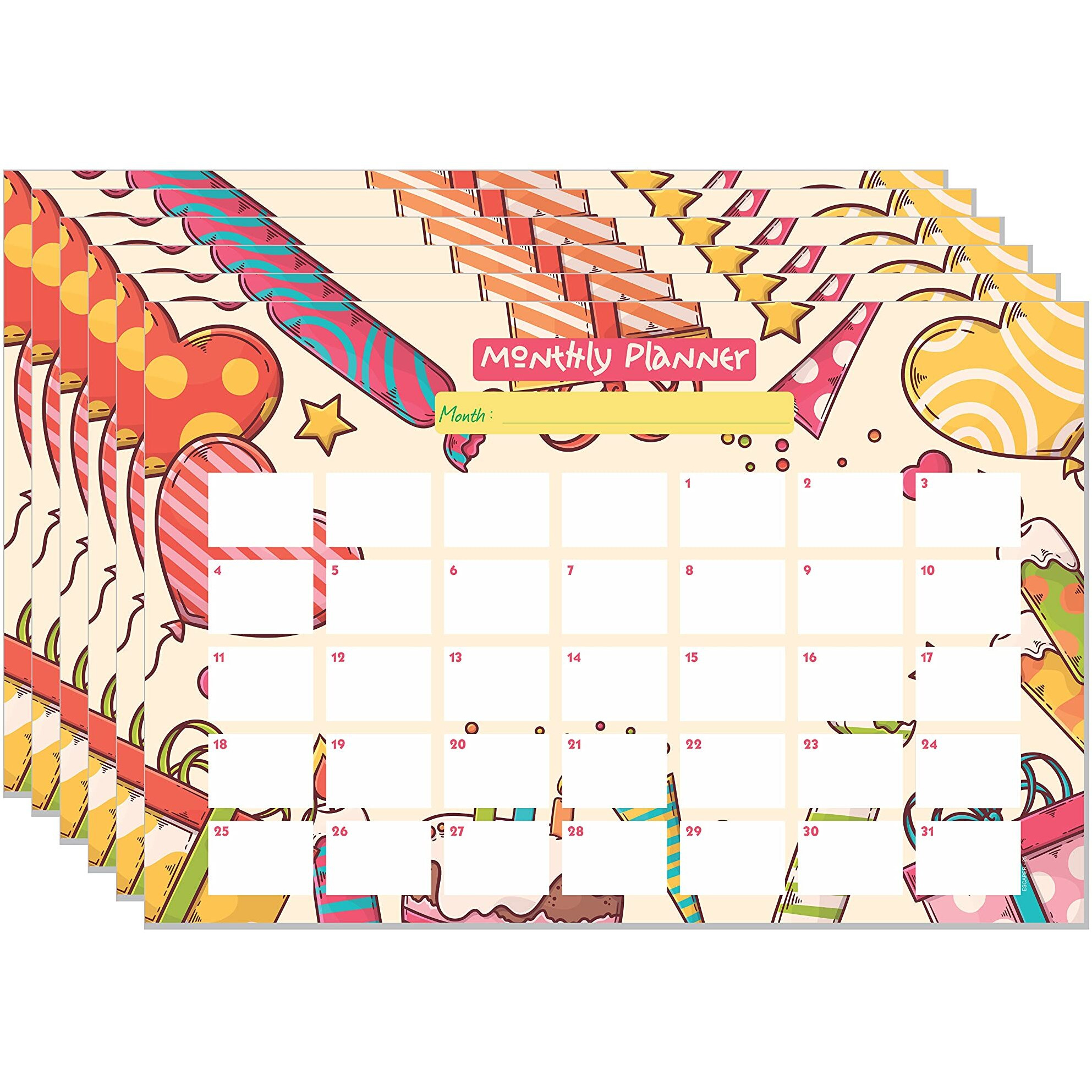 ESCAPER Birthday Theme Monthly Planner Sheets - Pack of 6, A3-Sized Sheets for 6 Months of Productive Planning and Organizing