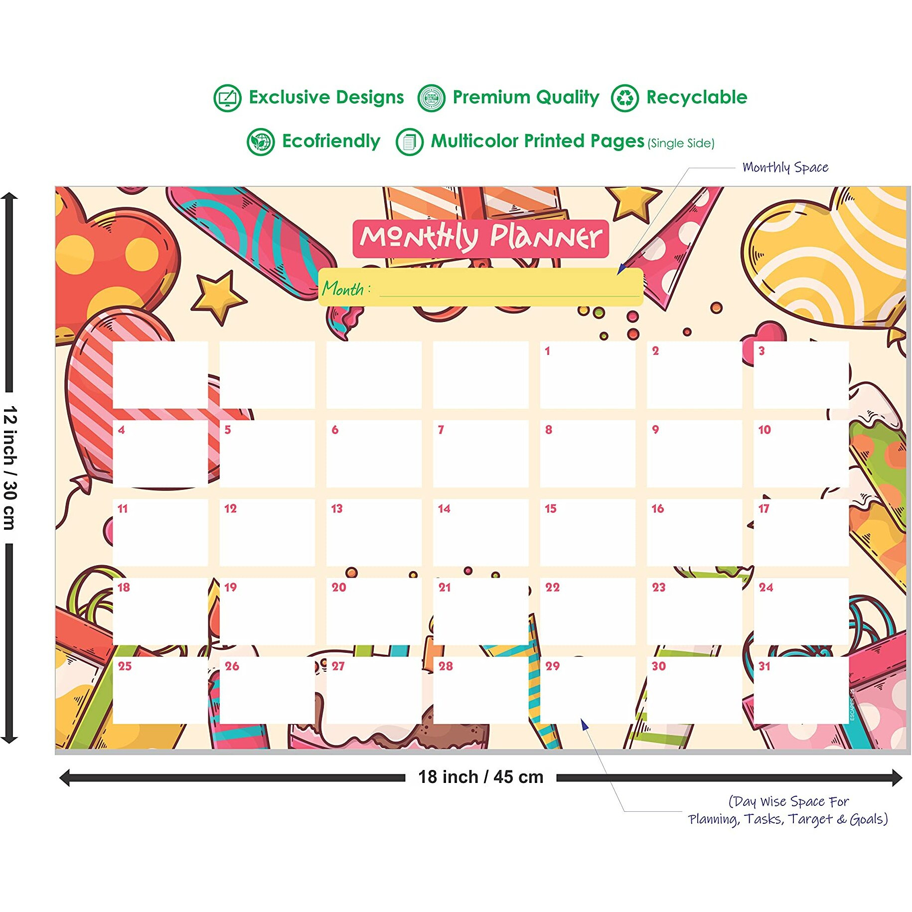 ESCAPER Birthday Theme Monthly Planner Sheets - Pack of 6, A3-Sized Sheets for 6 Months of Productive Planning and Organizing