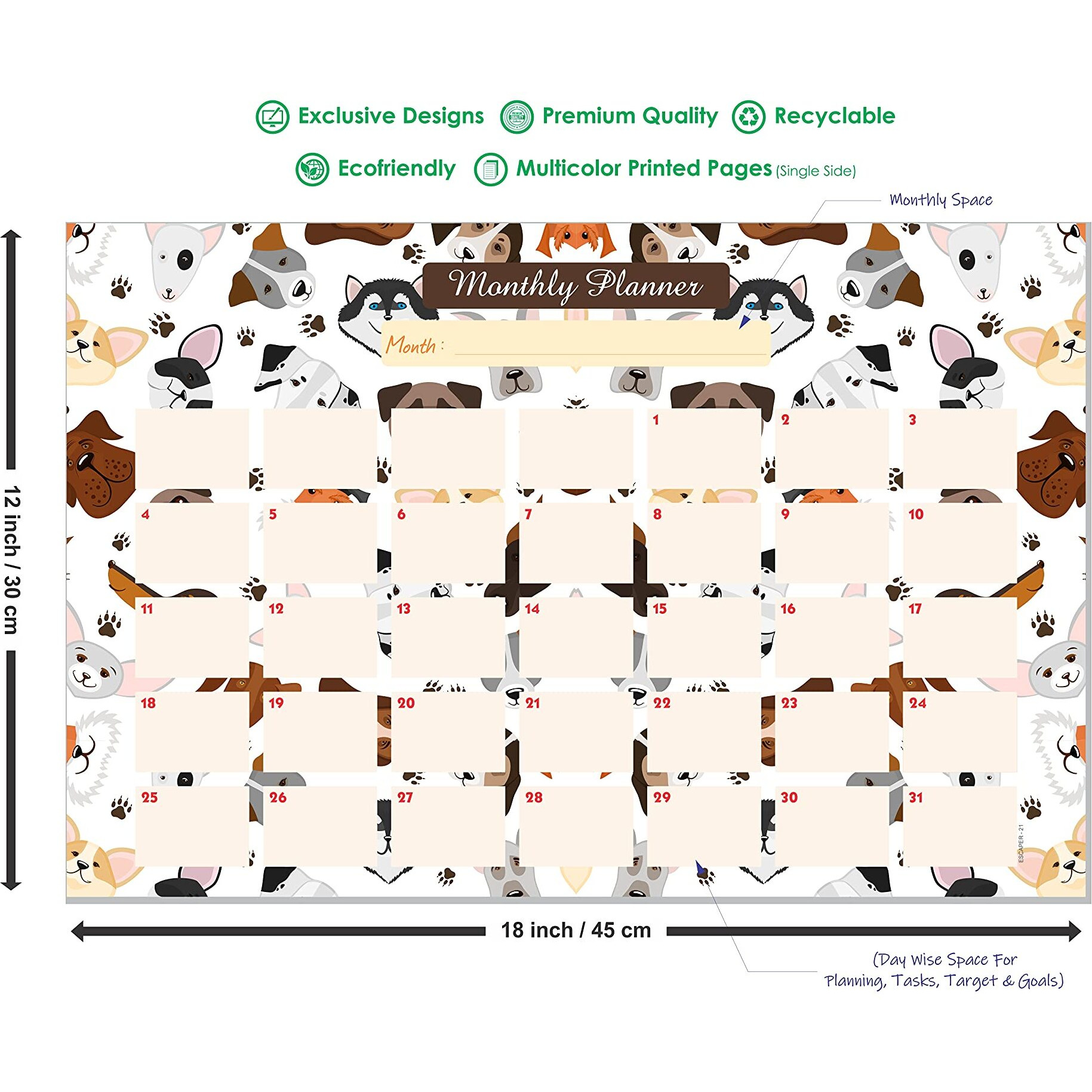 ESCAPER Animals Theme Monthly Planner Sheets - Pack of 6, A3-Sized Sheets for 6 Months of Productive Planning and Organizing