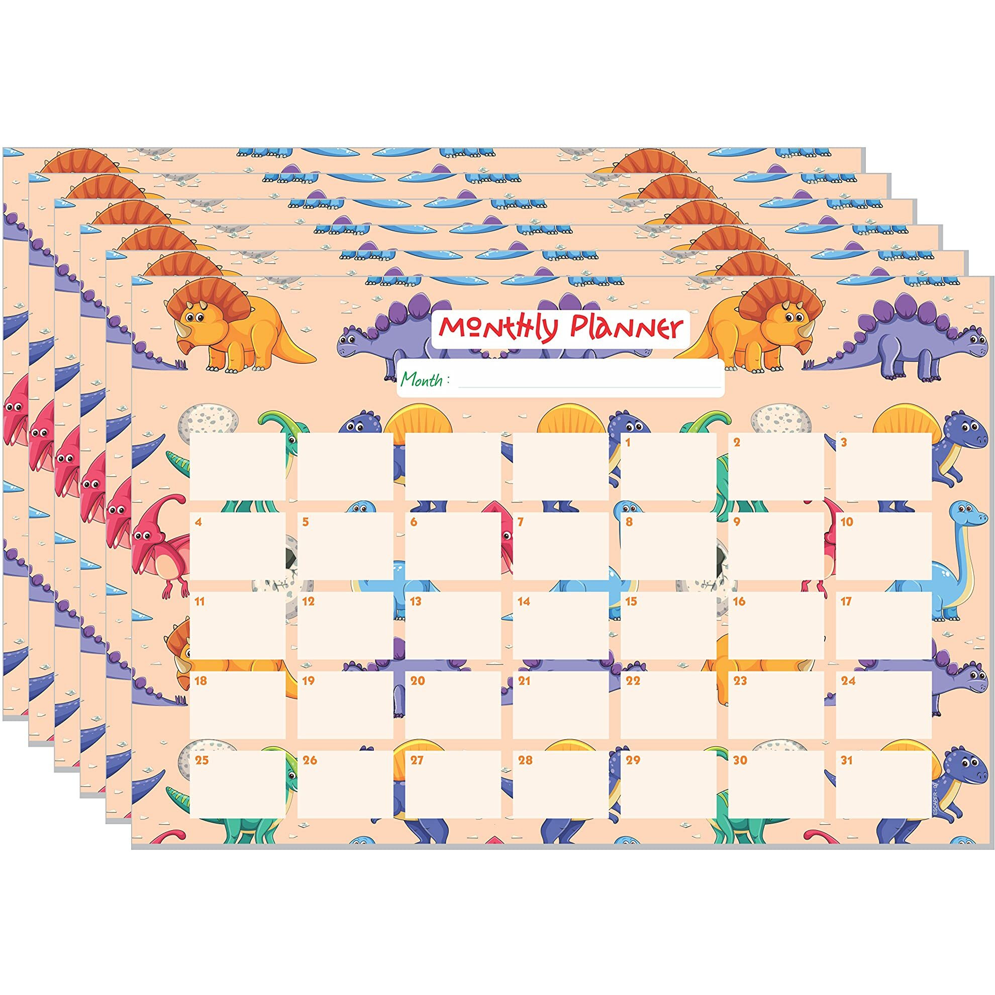 ESCAPER Dinosaurs Theme Monthly Planner Sheets - Pack of 6, A3-Sized Sheets for 6 Months of Productive Planning and Organizing