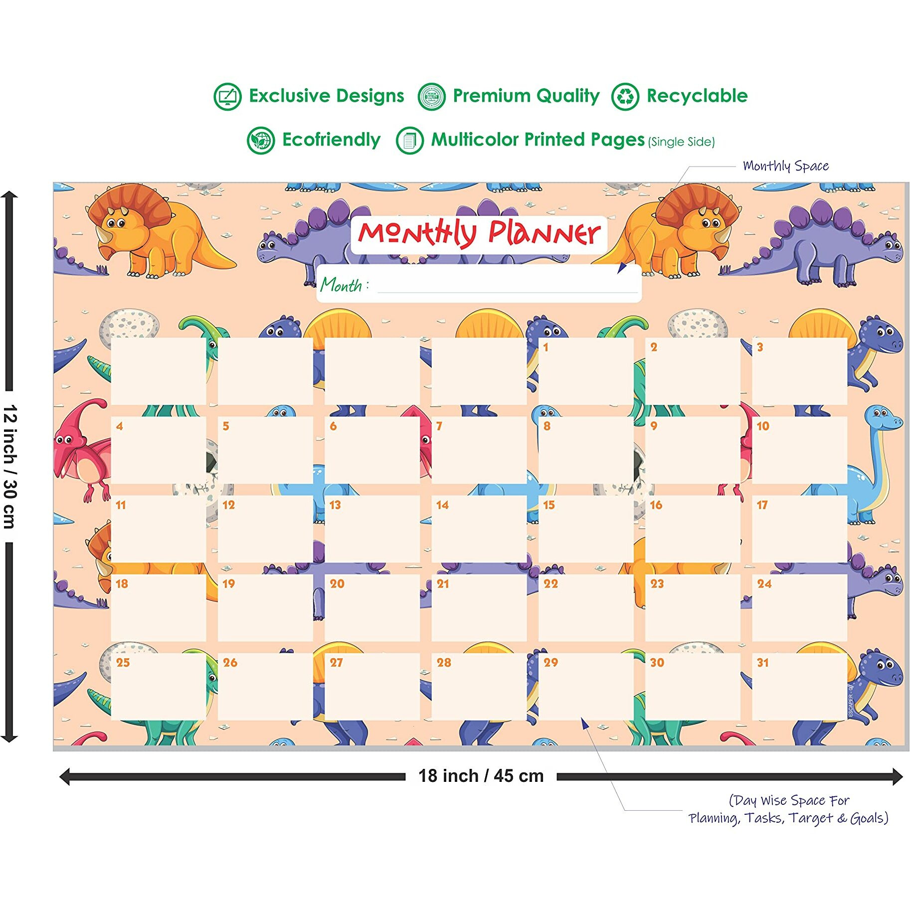 ESCAPER Dinosaurs Theme Monthly Planner Sheets - Pack of 6, A3-Sized Sheets for 6 Months of Productive Planning and Organizing
