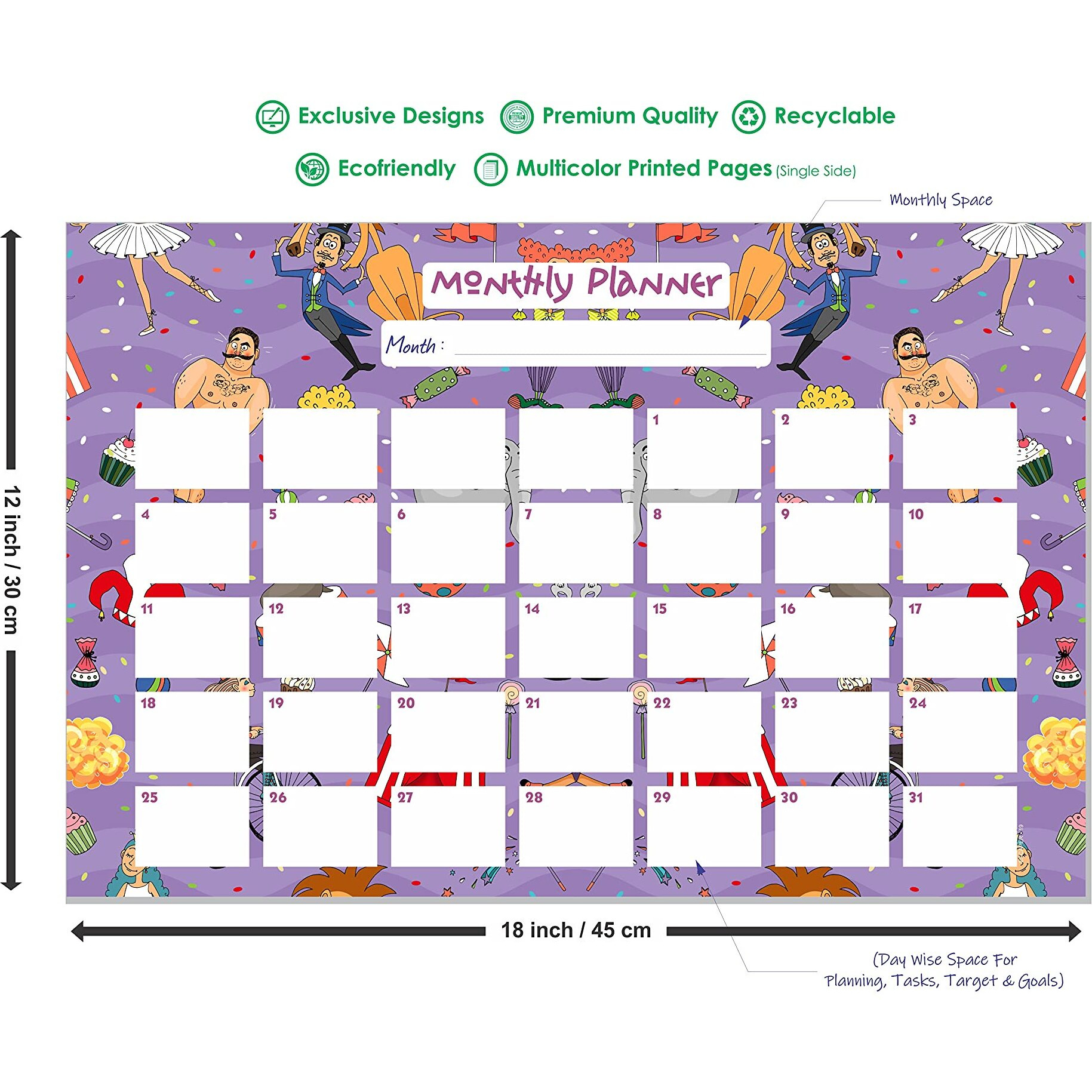 ESCAPER Circus Theme Monthly Planner Sheets - Pack of 6, A3-Sized Sheets for 6 Months of Productive Planning and Organizing