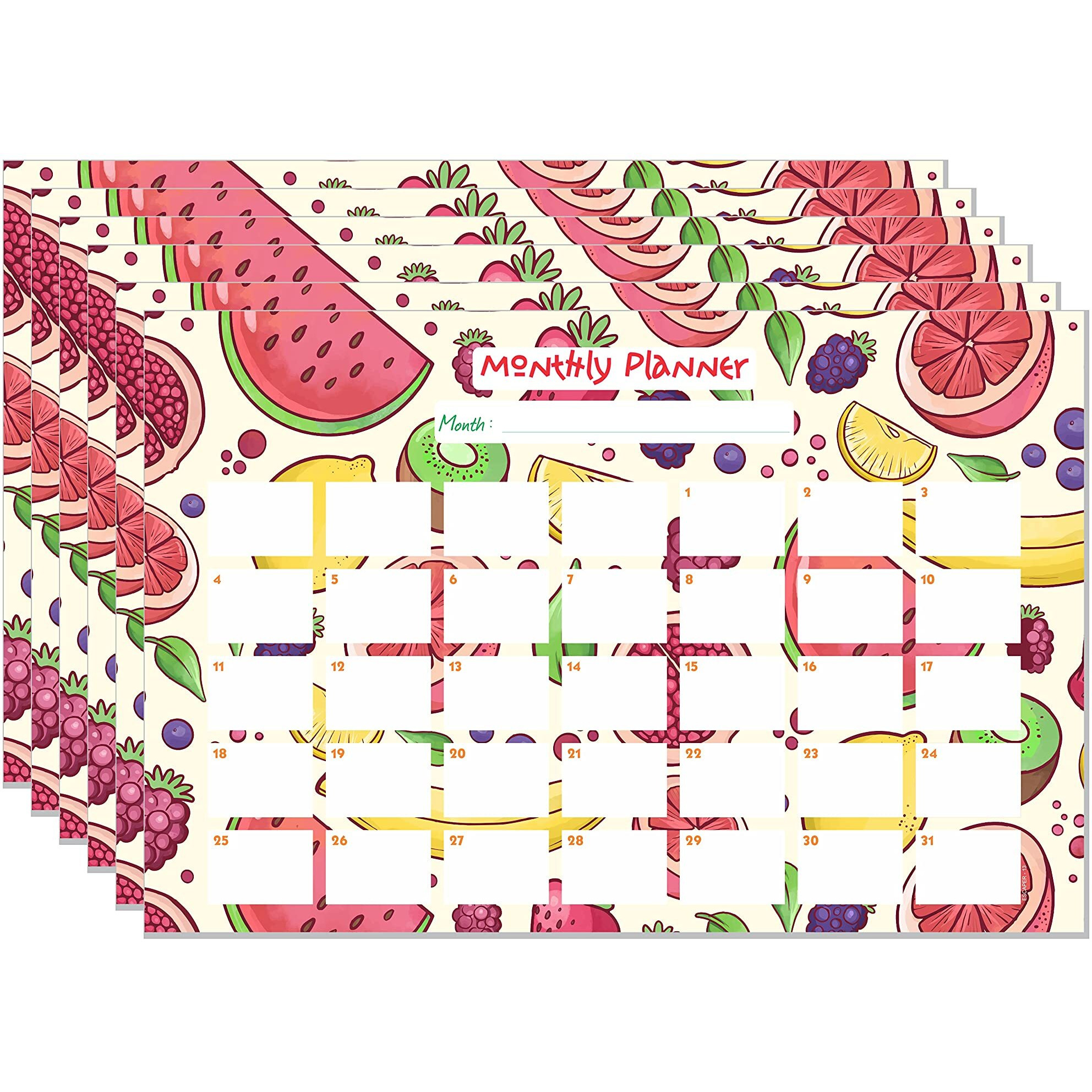 ESCAPER Fruits Theme Monthly Planner Sheets - Pack of 6, A3-Sized Sheets for 6 Months of Productive Planning and Organizing