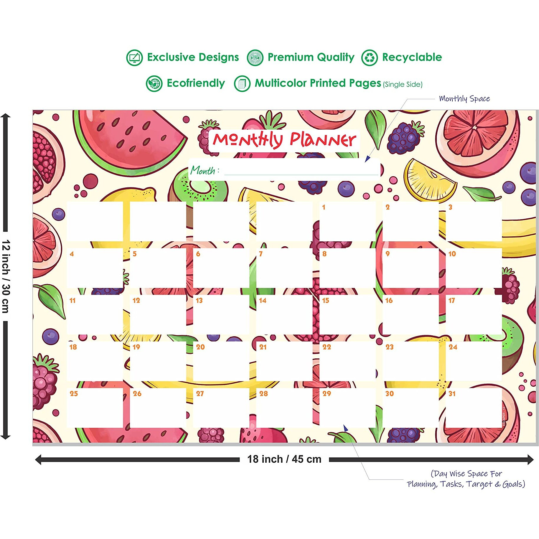 ESCAPER Fruits Theme Monthly Planner Sheets - Pack of 6, A3-Sized Sheets for 6 Months of Productive Planning and Organizing