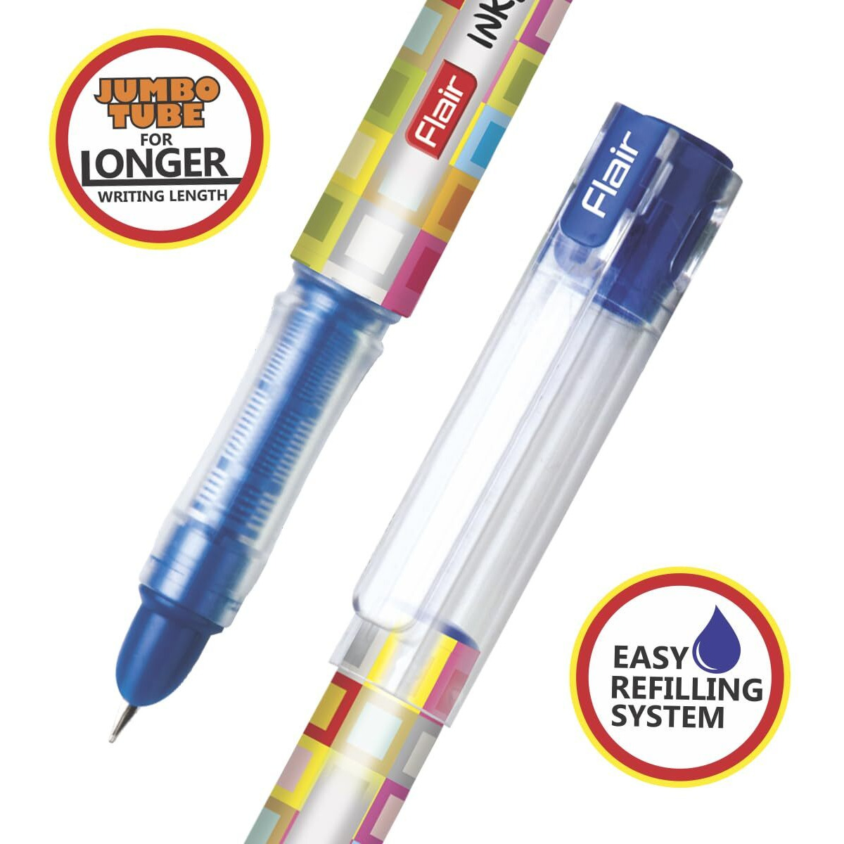 FLAIR Inky Series Classic Liquid Ink Fountain Pen Blister Pack | Ergonomic Grip Makes It Easy To Hold | Easy Refilling System With Jumbo Tube For Longer Writing | Blue Ink, Pack Of 2