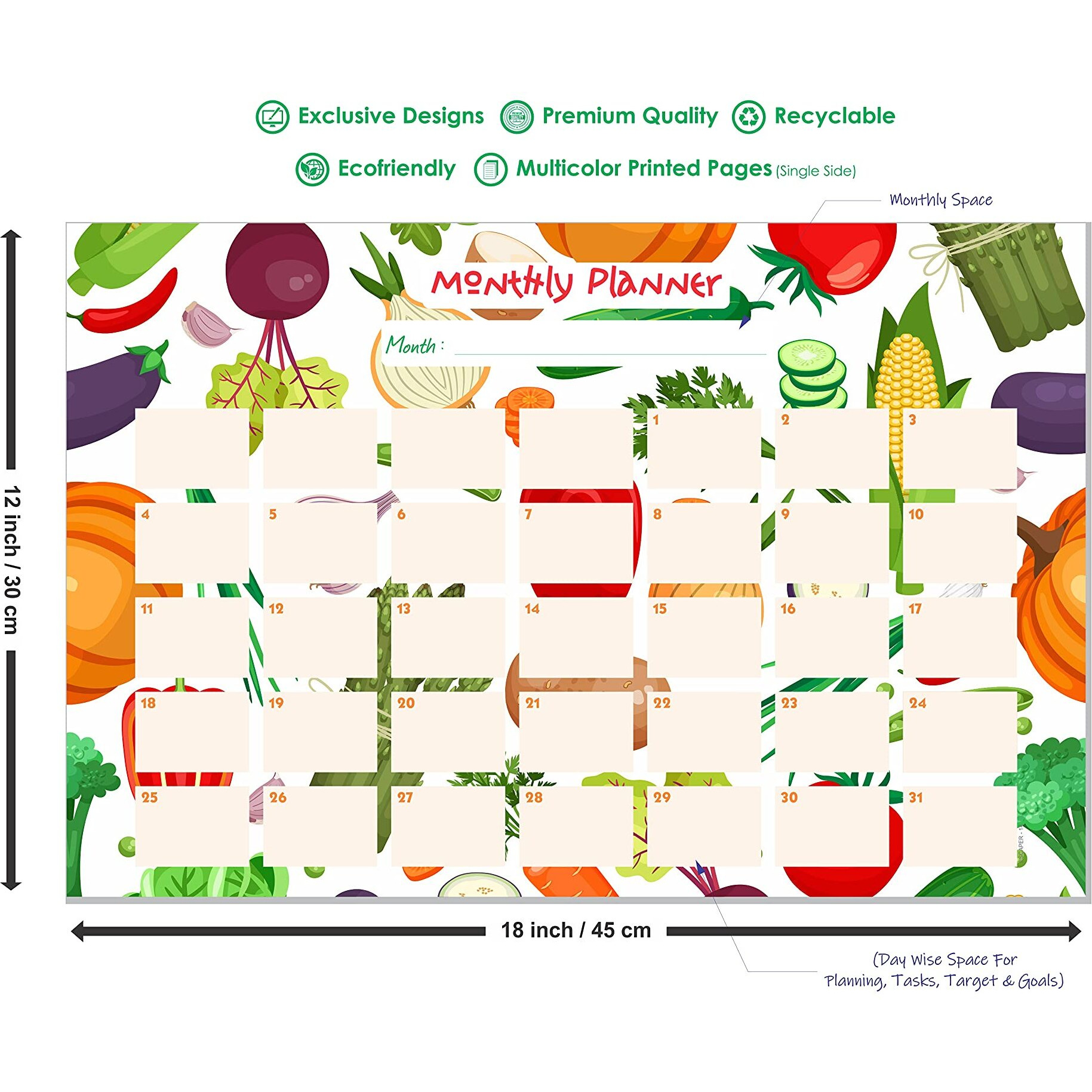 ESCAPER Vegetables Theme Monthly Planner Sheets - Pack of 6, A3-Sized Sheets for 6 Months of Productive Planning and Organizing
