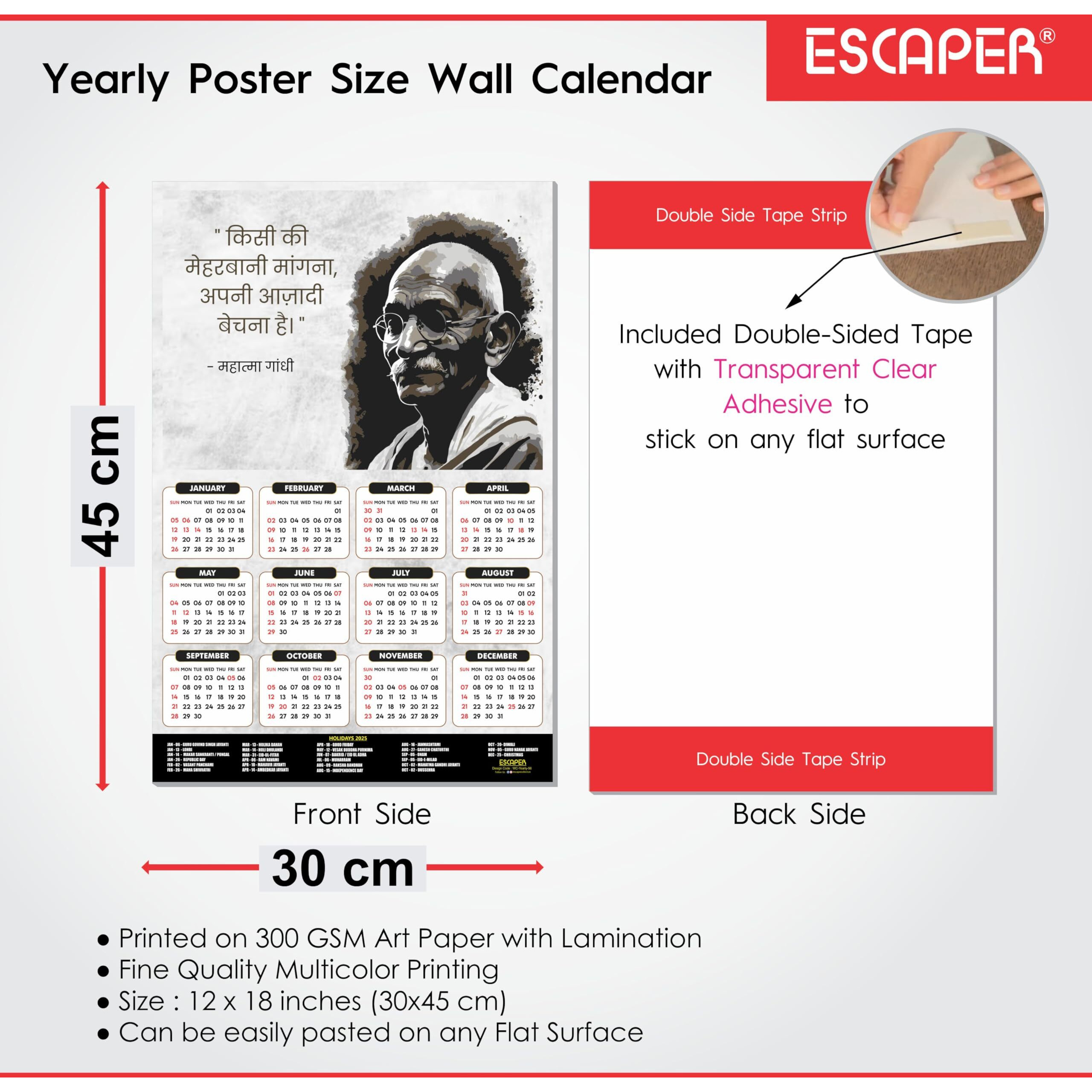 ESCAPER Motivational Wall Calendar 2025 & Inspirational Quotes (12 x 18, 300 GSM), Famous Quotes Wall Calendar 2025, Wall Calendar 2025 for Room Decoration, Wall Art