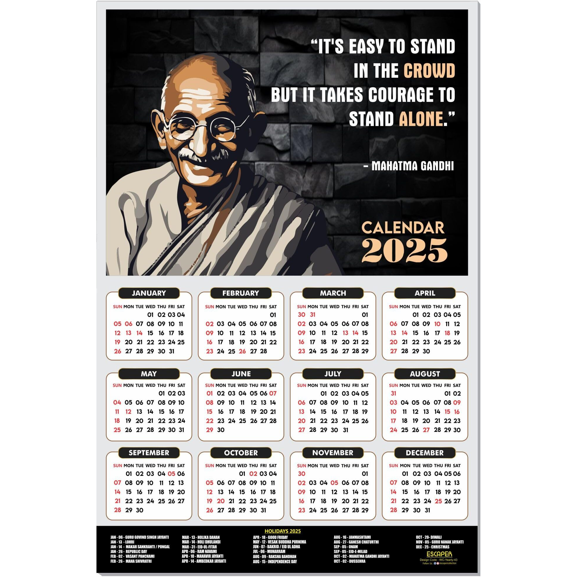 ESCAPER Mahatma Gandhi Motivational Wall Calendar 2025 & Inspirational Quotes (12 x 18), Famous Quotes Wall Calendar 2025, Wall Calendar 2025 for Room Decoration, Wall Art