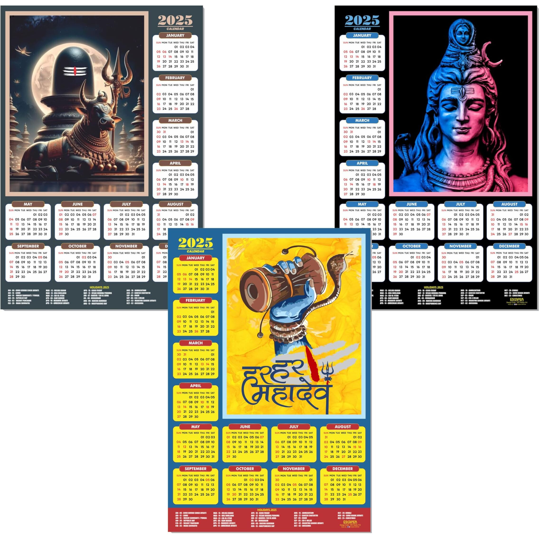 ESCAPER Lord Shiva Wall Calendar 2025 hanging (45 x 30 cm), Bholenath Wall Calendar 2025, Shivling Wall Calendar 2025, Shanker Ji Photo, Mahadev Wall Calendar 2025, Shivji Calendar, Lord Shiva Wall Decor