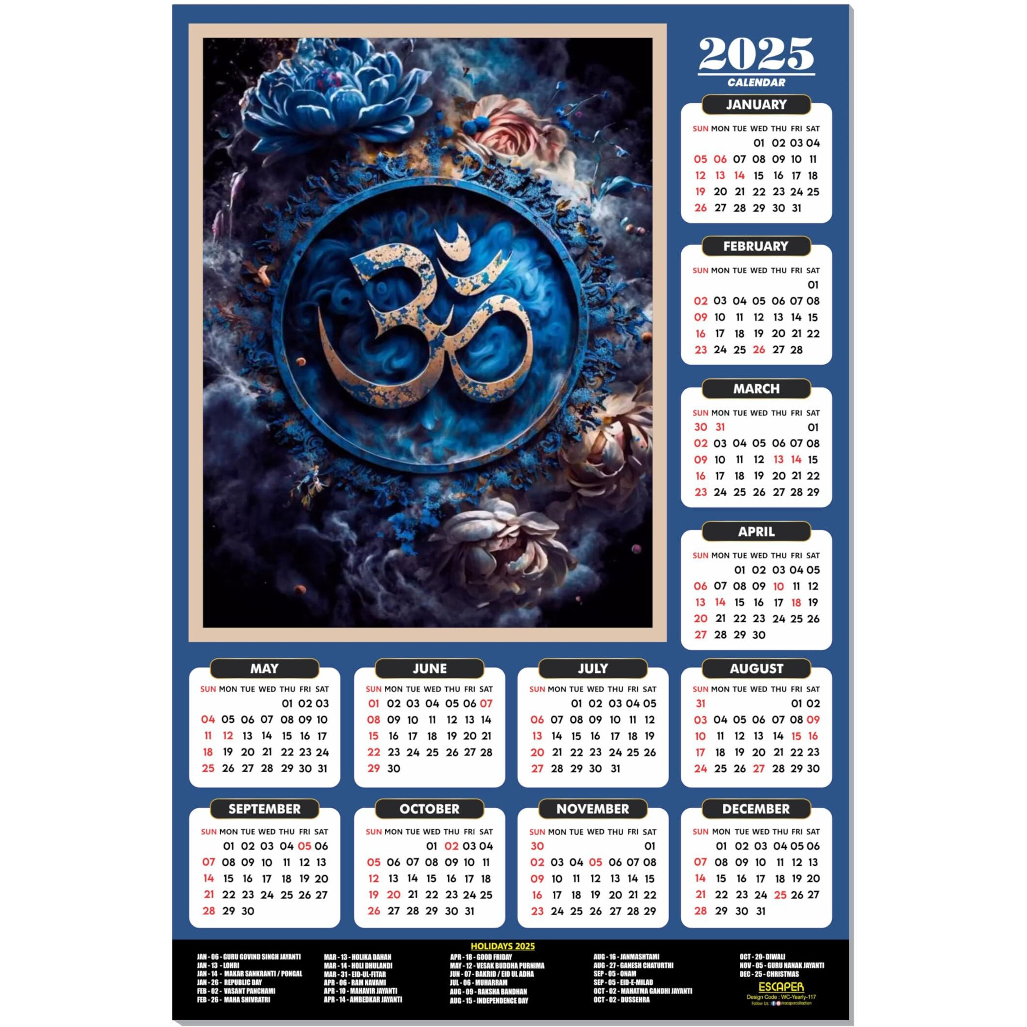 ESCAPER Lord Shiva Wall Calendar 2025 hanging (45 x 30 cm), Bholenath Wall Calendar 2025, Shivling Wall Calendar 2025, Shanker Ji Photo, Mahadev Wall Calendar 2025, Shivji Calendar, Lord Shiva Wall Decor