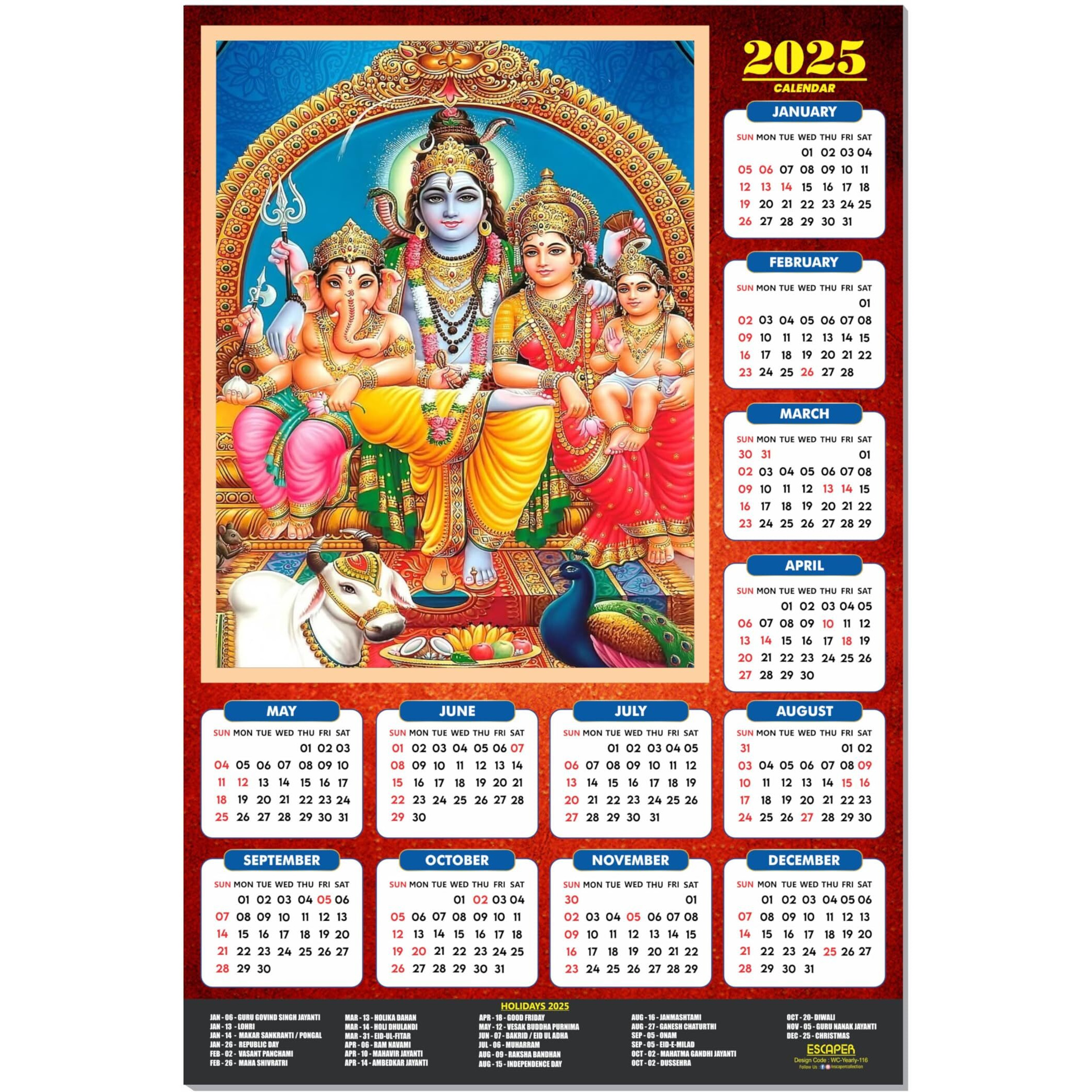 ESCAPER Lord Shiva Wall Calendar 2025 hanging (45 x 30 cm), Bholenath Wall Calendar 2025, Shivling Wall Calendar 2025, Shanker Ji Photo, Mahadev Wall Calendar 2025, Shivji Calendar, Lord Shiva Wall Decor