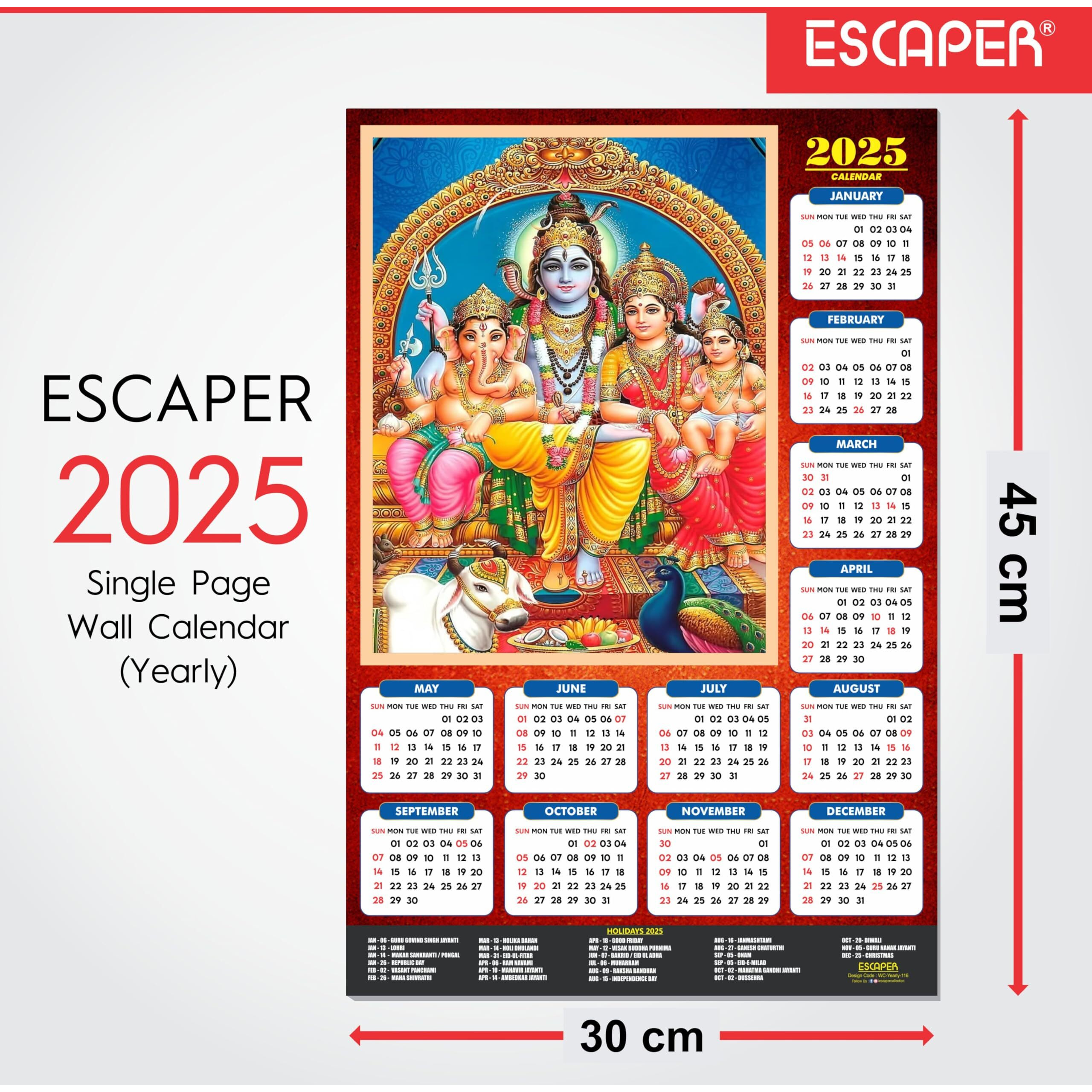 ESCAPER Lord Shiva Wall Calendar 2025 hanging (45 x 30 cm), Bholenath Wall Calendar 2025, Shivling Wall Calendar 2025, Shanker Ji Photo, Mahadev Wall Calendar 2025, Shivji Calendar, Lord Shiva Wall Decor