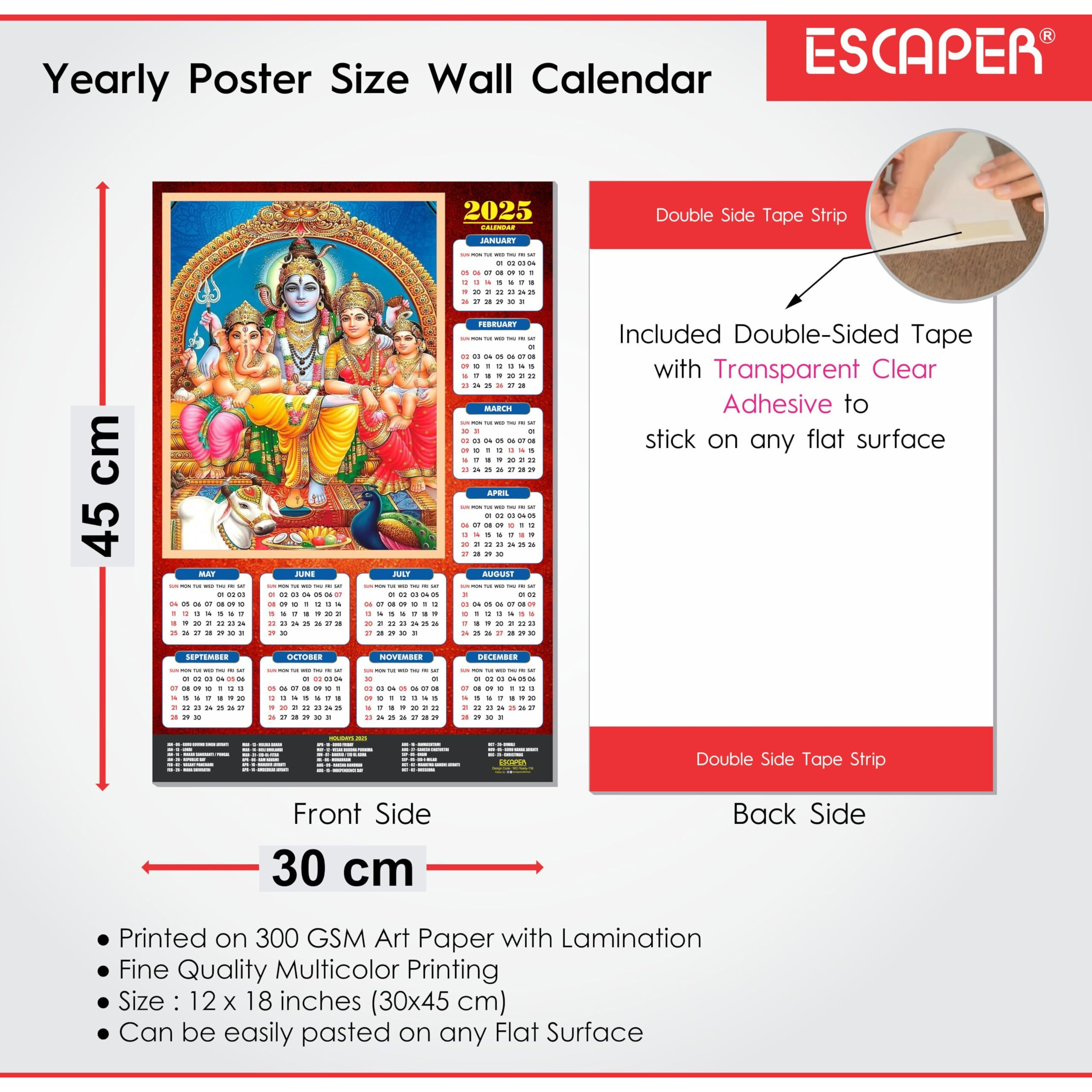 ESCAPER Lord Shiva Wall Calendar 2025 hanging (45 x 30 cm), Bholenath Wall Calendar 2025, Shivling Wall Calendar 2025, Shanker Ji Photo, Mahadev Wall Calendar 2025, Shivji Calendar, Lord Shiva Wall Decor