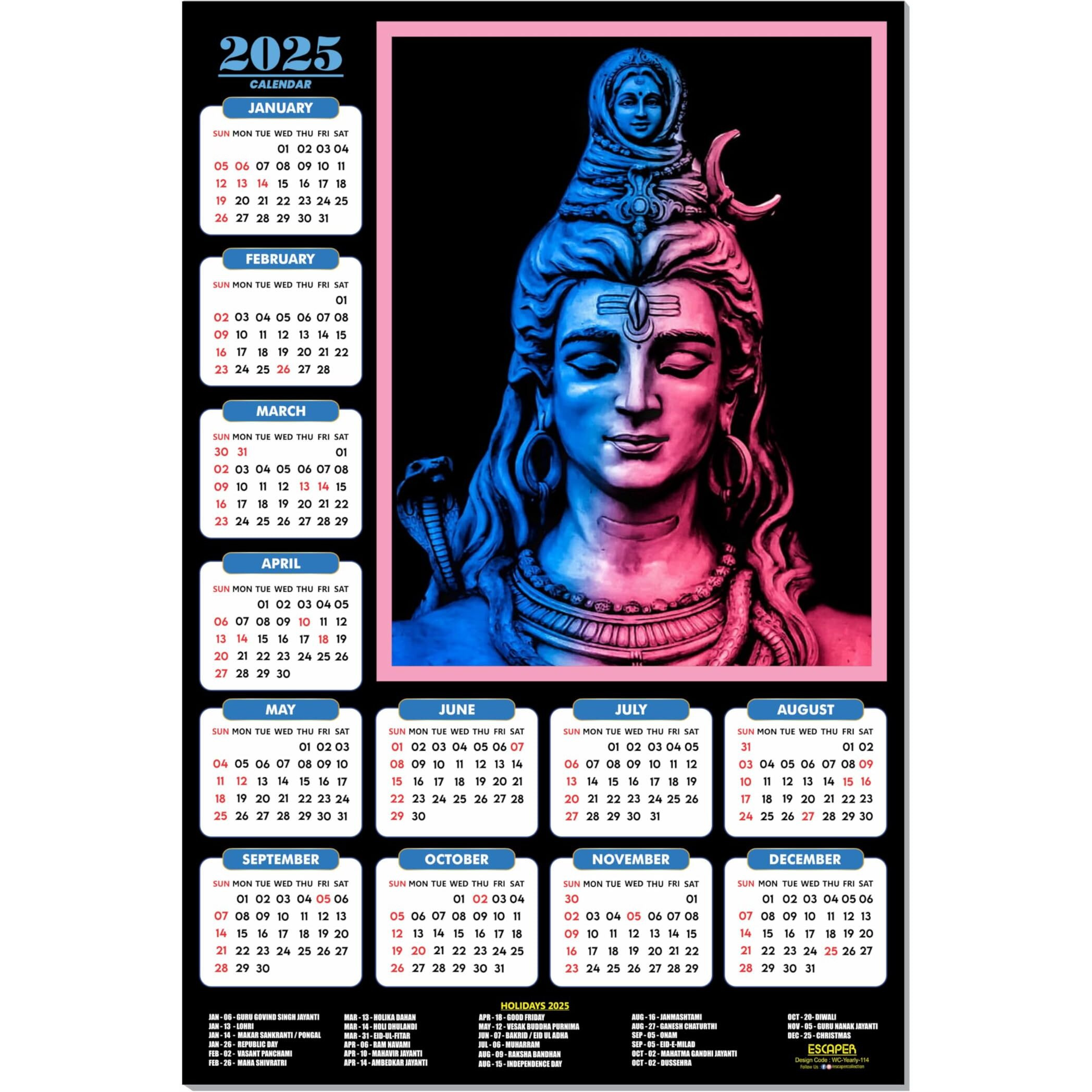 ESCAPER Lord Shiva Wall Calendar 2025 hanging (45 x 30 cm), Bholenath Wall Calendar 2025, Shivling Wall Calendar 2025, Shanker Ji Photo, Mahadev Wall Calendar 2025, Shivji Calendar, Lord Shiva Wall Decor