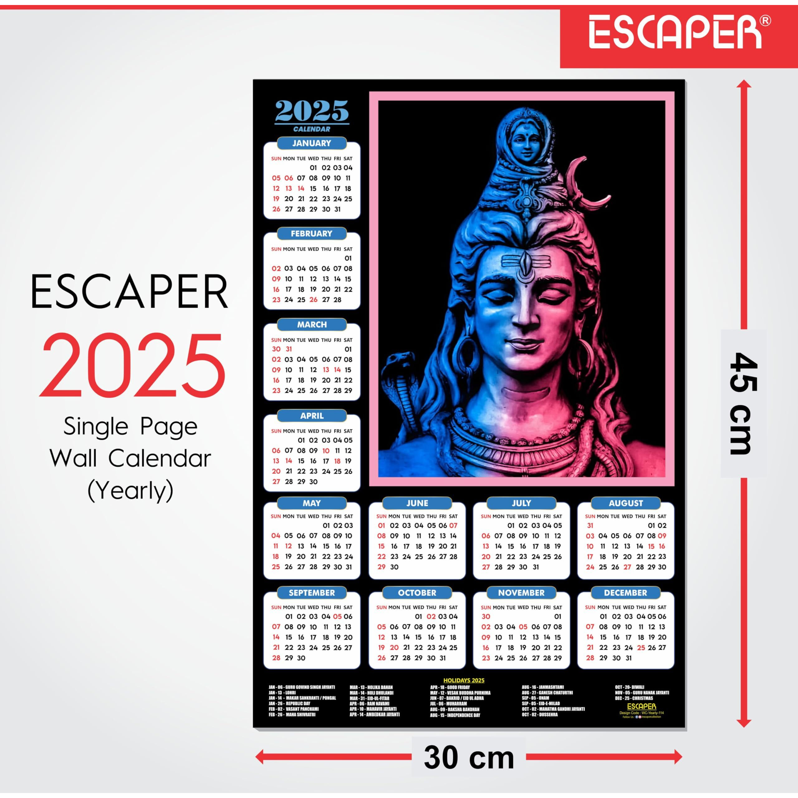 ESCAPER Lord Shiva Wall Calendar 2025 hanging (45 x 30 cm), Bholenath Wall Calendar 2025, Shivling Wall Calendar 2025, Shanker Ji Photo, Mahadev Wall Calendar 2025, Shivji Calendar, Lord Shiva Wall Decor