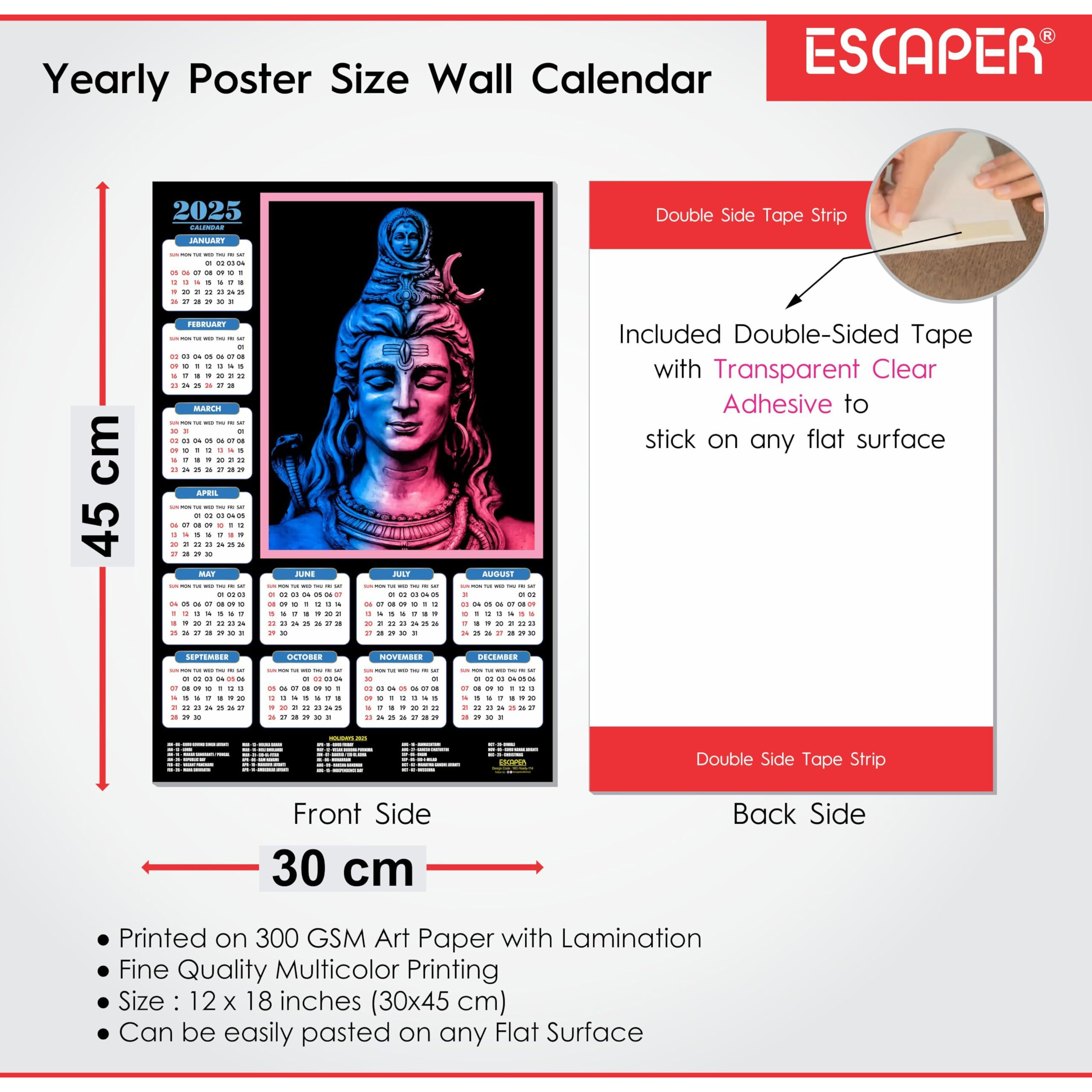 ESCAPER Lord Shiva Wall Calendar 2025 hanging (45 x 30 cm), Bholenath Wall Calendar 2025, Shivling Wall Calendar 2025, Shanker Ji Photo, Mahadev Wall Calendar 2025, Shivji Calendar, Lord Shiva Wall Decor