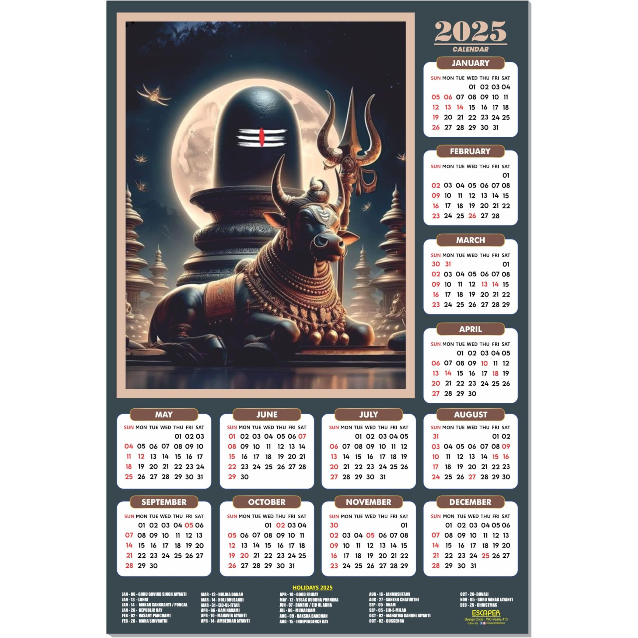 ESCAPER Lord Shiva Wall Calendar 2025 hanging (45 x 30 cm), Bholenath Wall Calendar 2025, Shivling Wall Calendar 2025, Shanker Ji Photo, Mahadev Wall Calendar 2025, Shivji Calendar, Lord Shiva Wall Decor