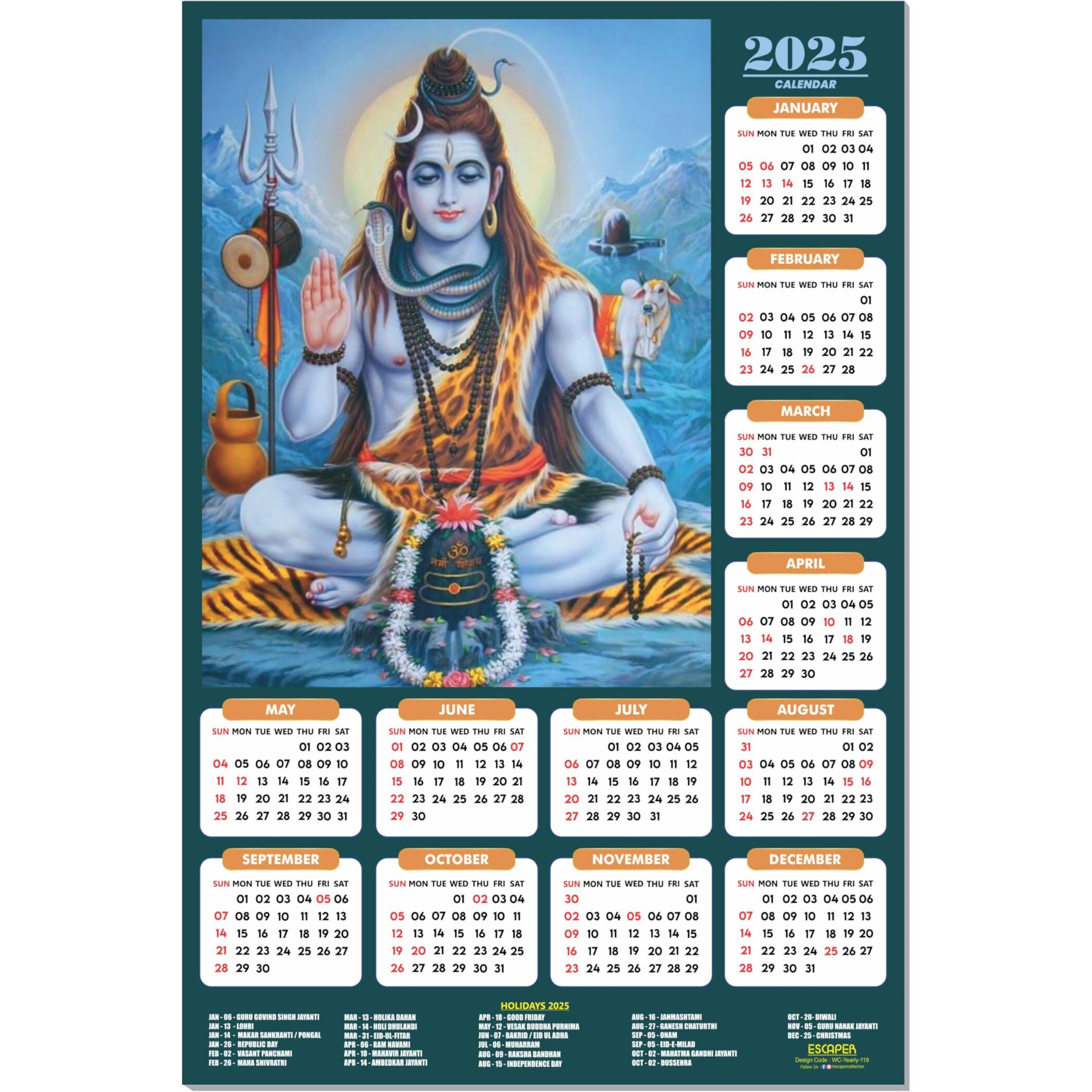 ESCAPER Lord Shiva Wall Calendar 2025 hanging (45 x 30 cm), Bholenath Wall Calendar 2025, Shivling Wall Calendar 2025, Shanker Ji Photo, Mahadev Wall Calendar 2025, Shivji Calendar, Lord Shiva Wall Decor