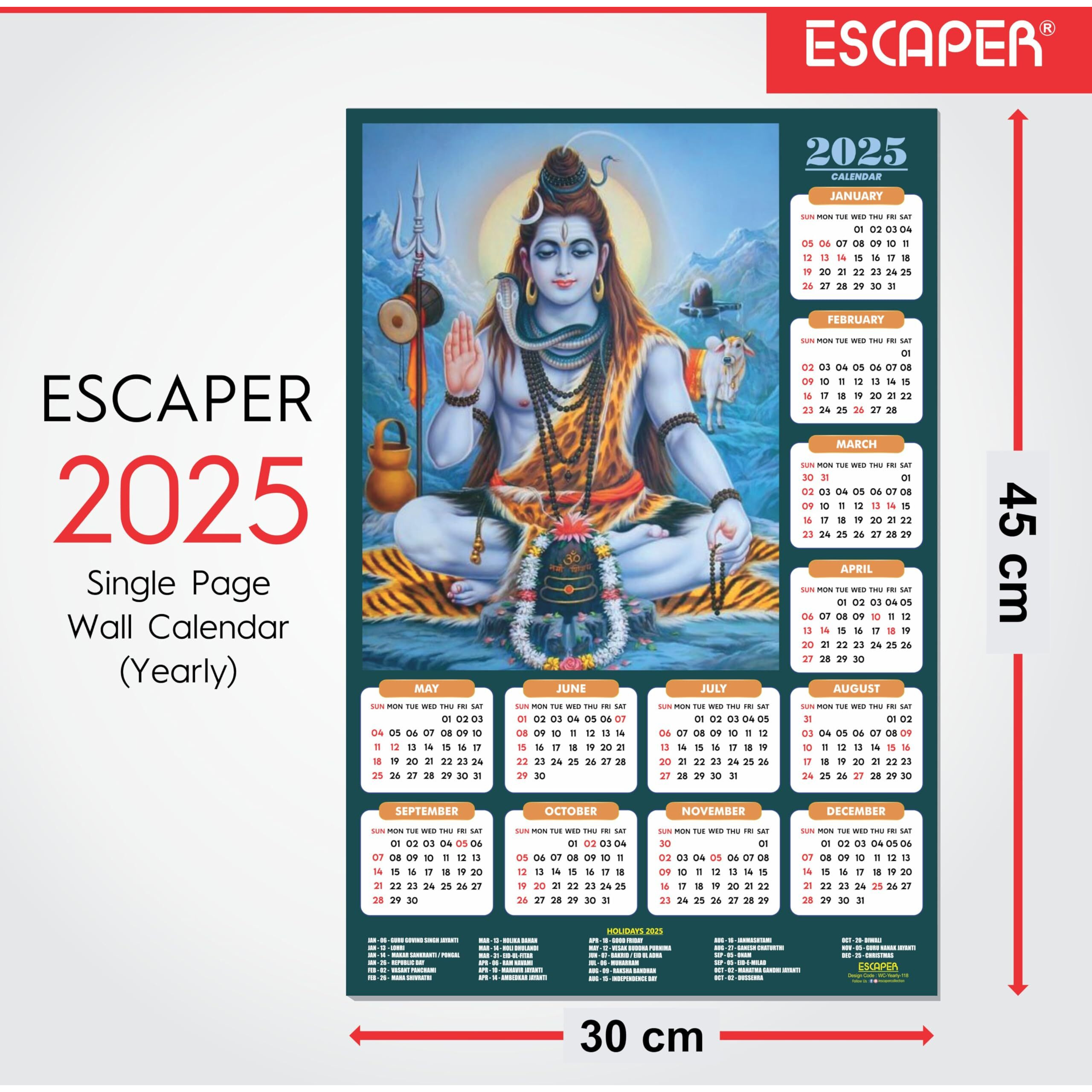 ESCAPER Lord Shiva Wall Calendar 2025 hanging (45 x 30 cm), Bholenath Wall Calendar 2025, Shivling Wall Calendar 2025, Shanker Ji Photo, Mahadev Wall Calendar 2025, Shivji Calendar, Lord Shiva Wall Decor