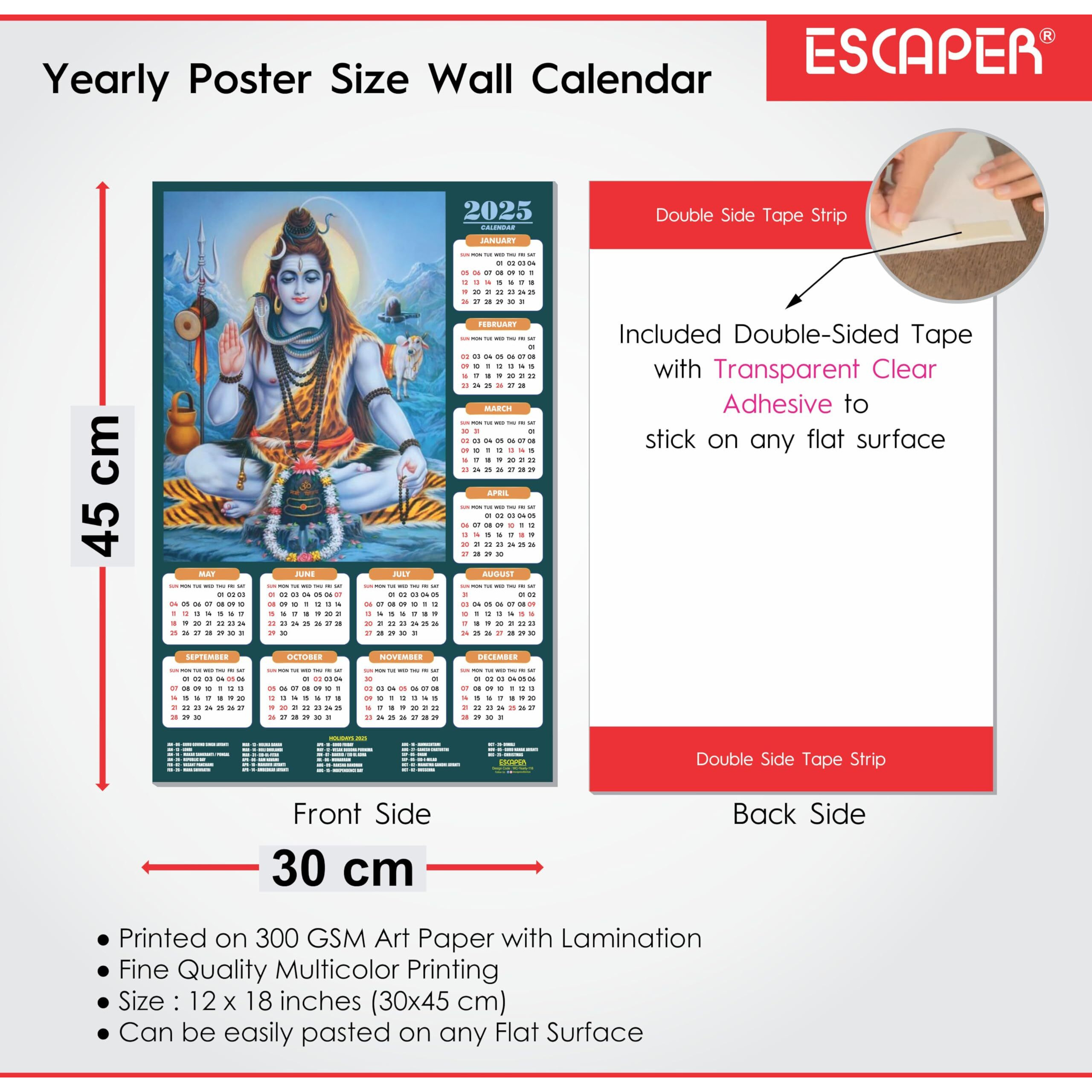 ESCAPER Lord Shiva Wall Calendar 2025 hanging (45 x 30 cm), Bholenath Wall Calendar 2025, Shivling Wall Calendar 2025, Shanker Ji Photo, Mahadev Wall Calendar 2025, Shivji Calendar, Lord Shiva Wall Decor