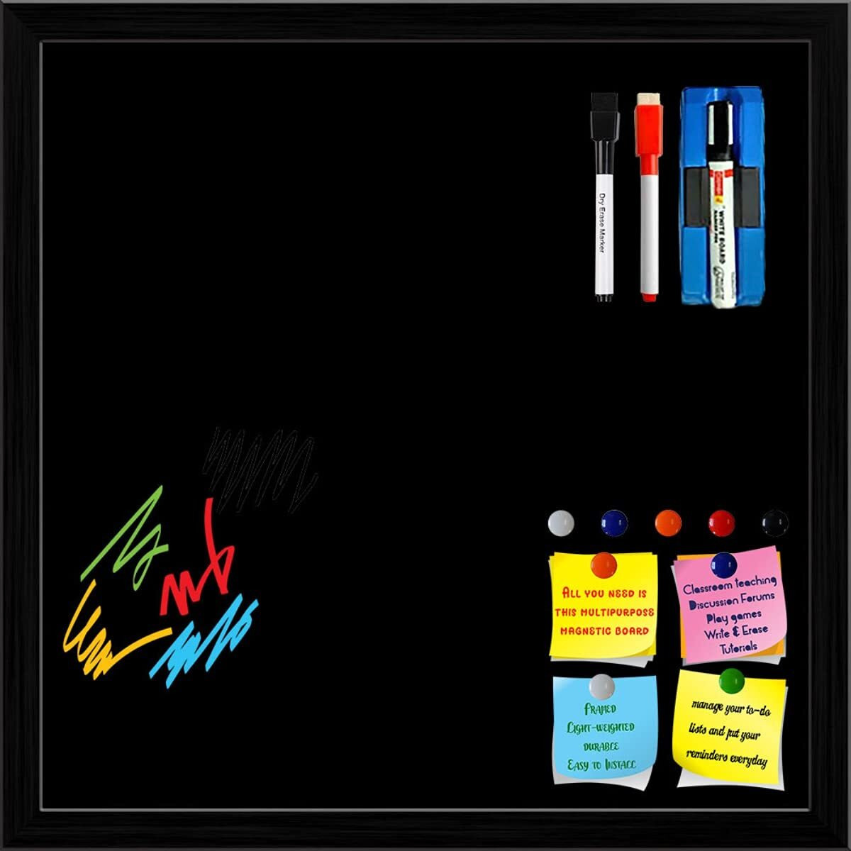 ArtzFolio Greys Family Black Colour | Framed Magnetic Dry Erase White Board | Includes Sticky Notes, Magnet Buttons & Markers | Black Frame | 28 x 28 inch (71 x 71 cms)