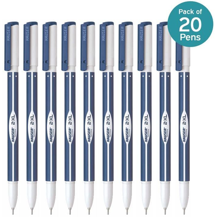 Hauser 2 XL Fine Tip Ball Pen | 2-XL Writing Length with Jumbo Refill | Minimalistic & Aesthetic Body Design | Blue Ink, Pack Of 20