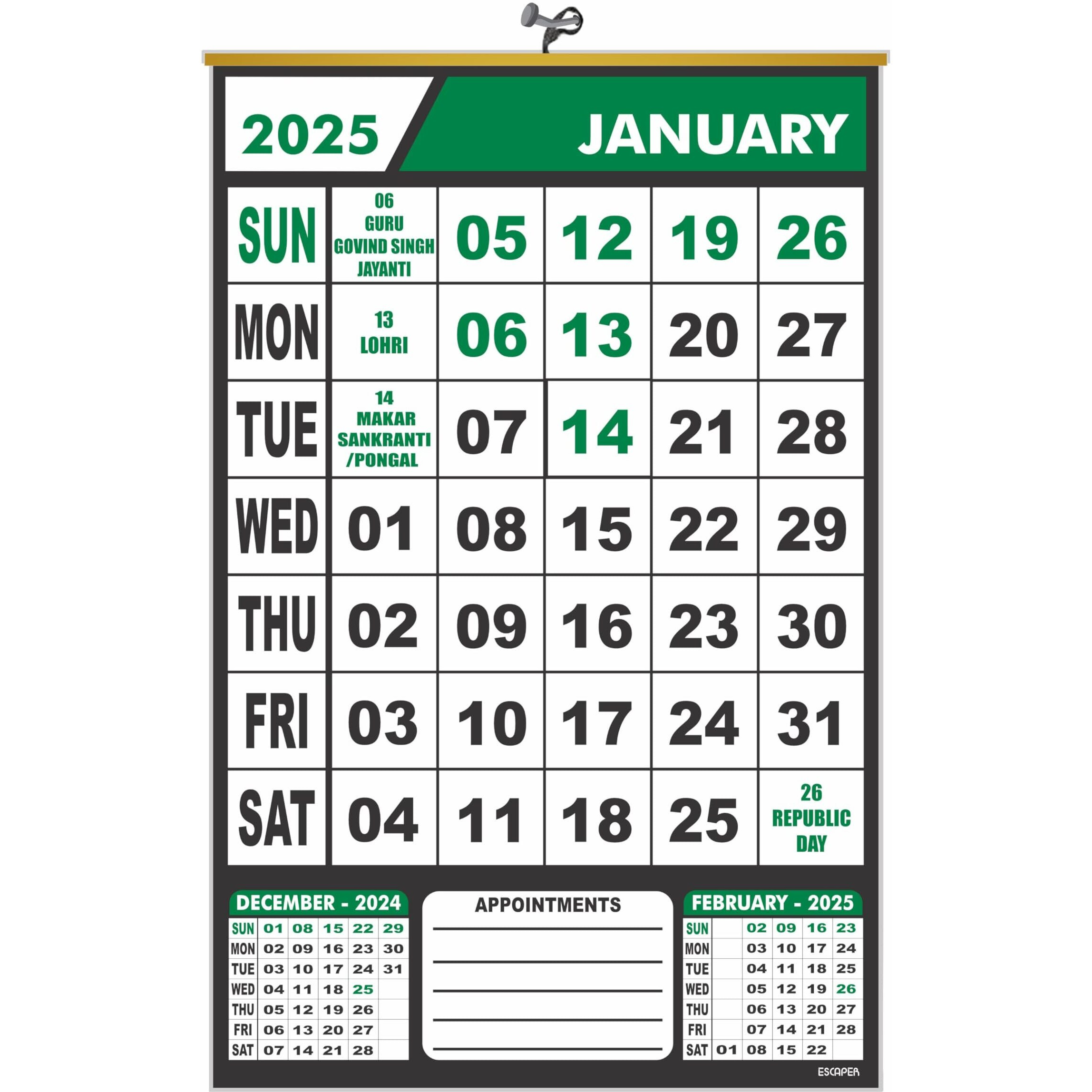 ESCAPER 2025 Wall Calendar Hanging for Home & Office Use, Office Wall Calendar 2025 Hanging, Home Wall Calendar Hanging, Indian Holidays Mentioned, Appointment Planning (Green, 5 Qty)