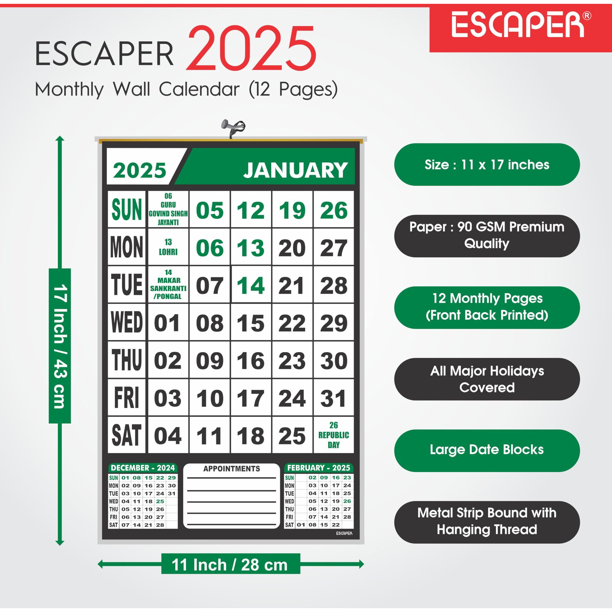 ESCAPER 2025 Wall Calendar Hanging for Home & Office Use, Office Wall Calendar 2025 Hanging, Home Wall Calendar Hanging, Indian Holidays Mentioned, Appointment Planning (Green, 5 Qty)