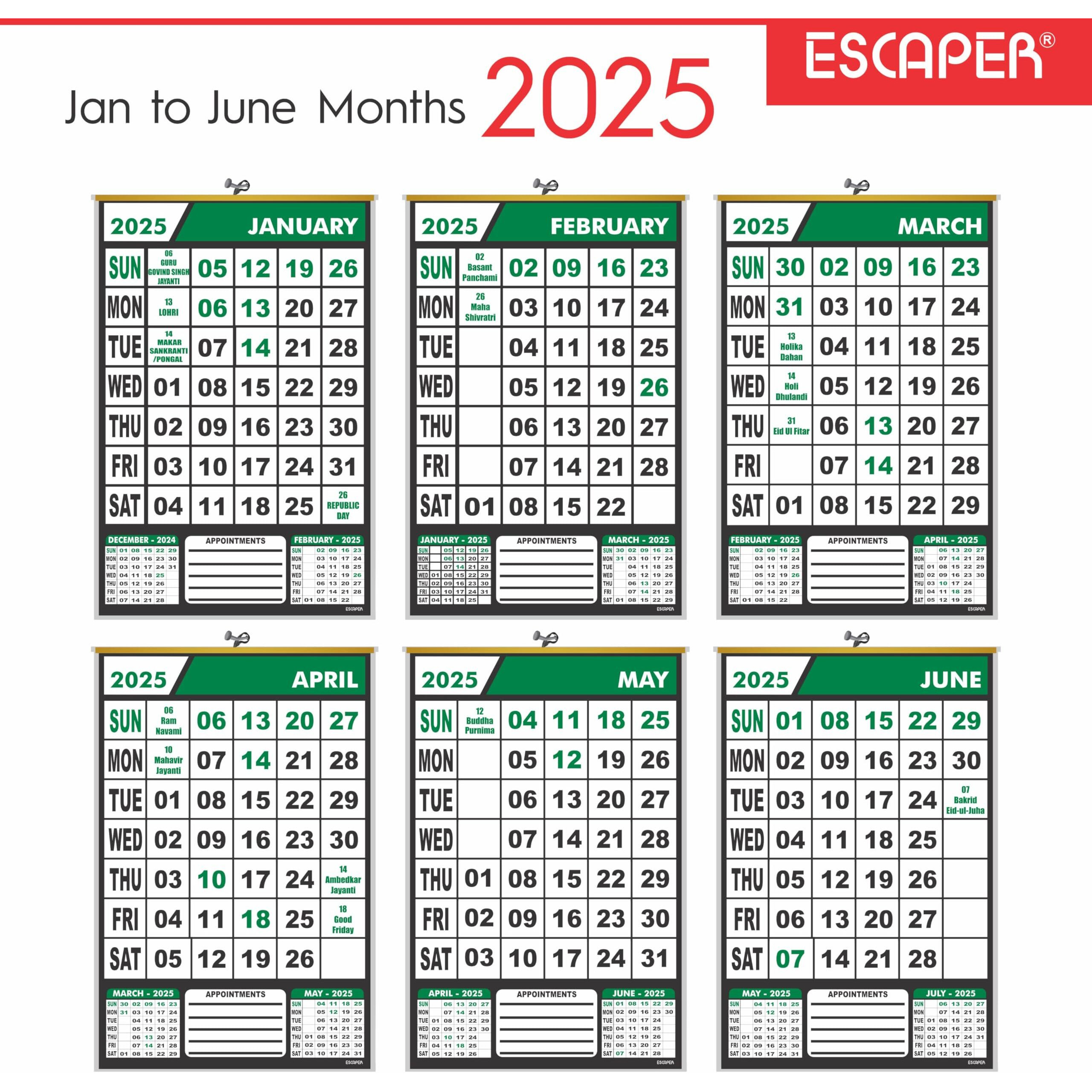 ESCAPER 2025 Wall Calendar Hanging for Home & Office Use, Office Wall Calendar 2025 Hanging, Home Wall Calendar Hanging, Indian Holidays Mentioned, Appointment Planning (Green, 5 Qty)
