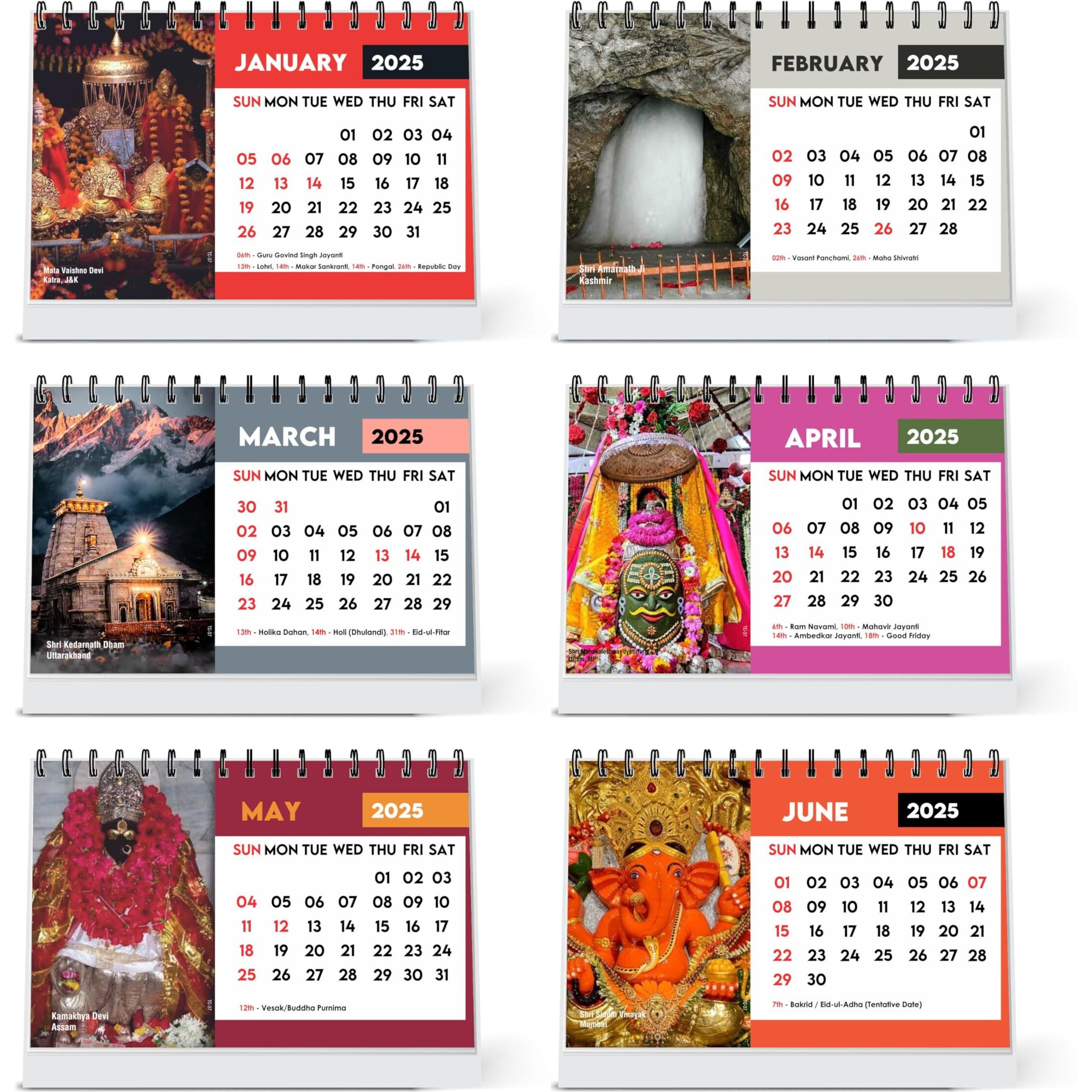 ESCAPER Famous Hindu Temples Calendar 2025 Desk, Hindu Mandir Calendar 2025, Vaishno Devi, Amarnath Ji, Kedarnath Dham, Mahakaleshwar, Kamakhya Devi, Siddhi Vinayaka Photo Calendar