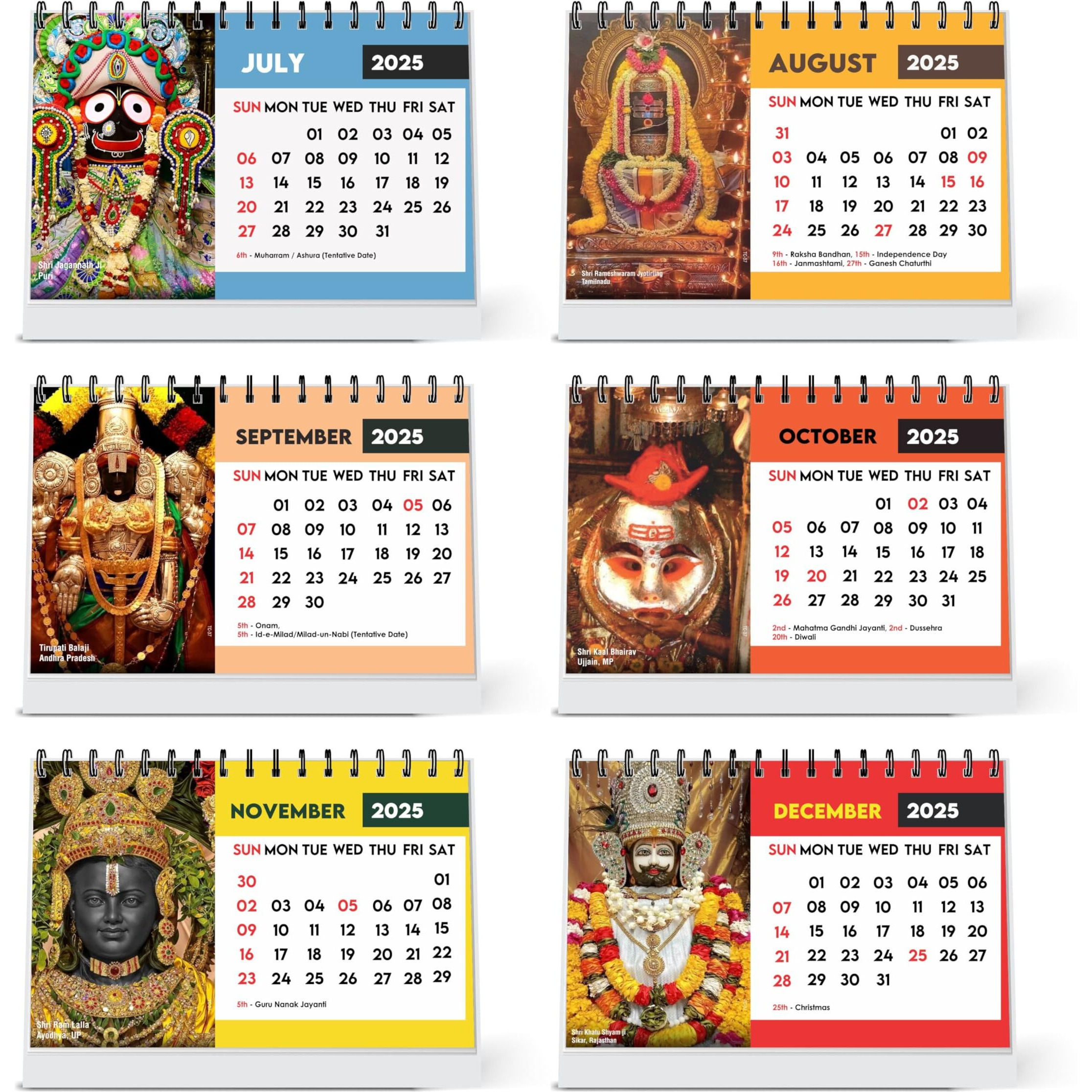 ESCAPER Famous Hindu Temples Calendar 2025 Desk, Hindu Mandir Calendar 2025, Vaishno Devi, Amarnath Ji, Kedarnath Dham, Mahakaleshwar, Kamakhya Devi, Siddhi Vinayaka Photo Calendar