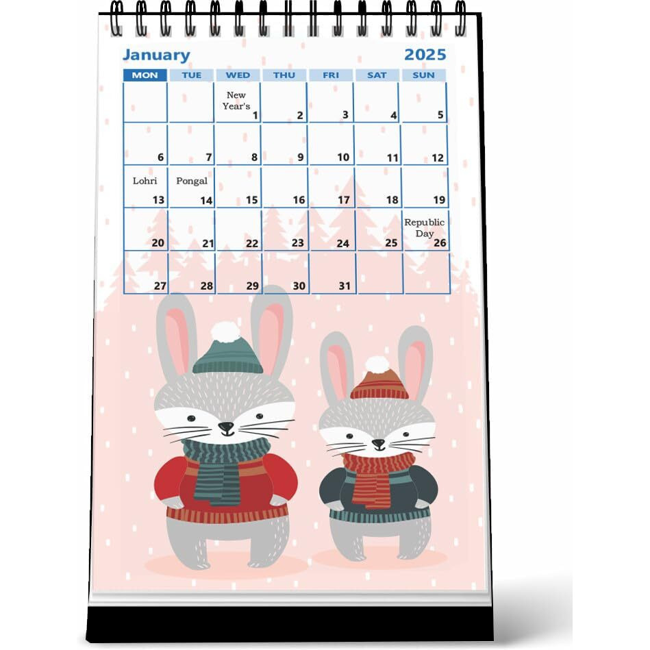 AccuPrints Cute Rabbit Desk Calendar 2025 (4x8) inch 12 Pages Calendar and Planner
