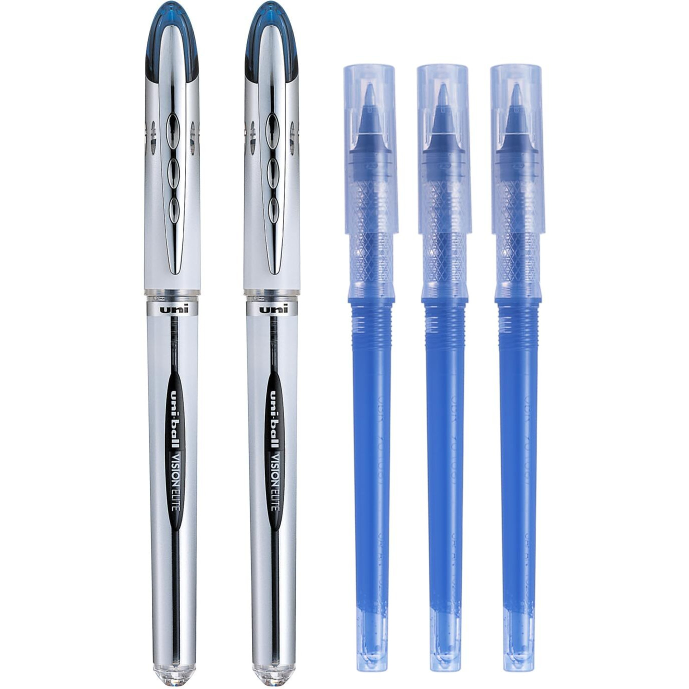 uni-ball Vision 0.7mm UB200 & UBR-90 Roller Ball Pen - Refill Combo | Blue Ink, 2 Pcs Pens with 3 Pcs Refills
