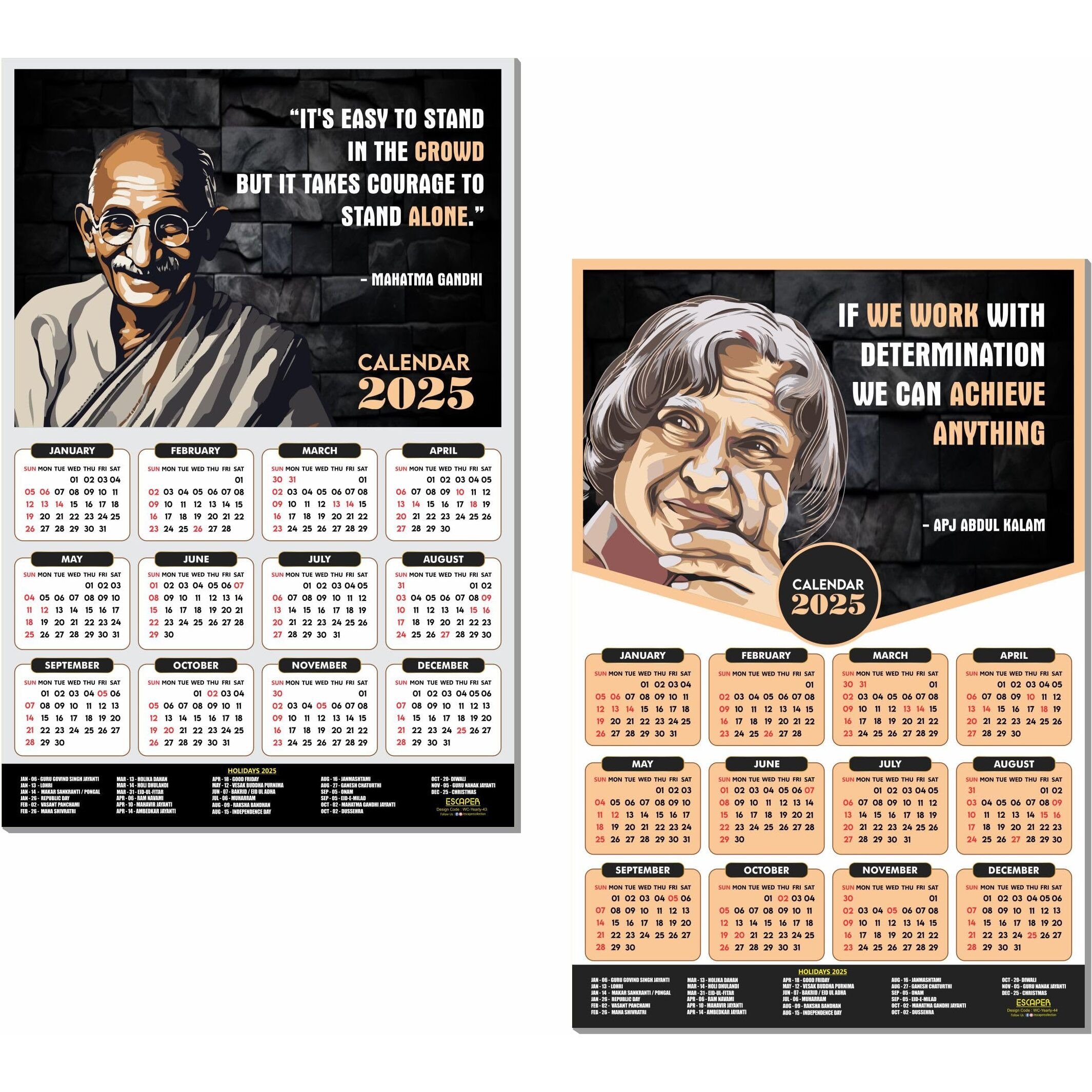ESCAPER Motivational Wall Calendar 2025 & Inspirational Quotes (12 x 18, 300 GSM), Famous Quotes Wall Calendar 2025, Wall Calendar 2025 for Room Decoration, Wall Art