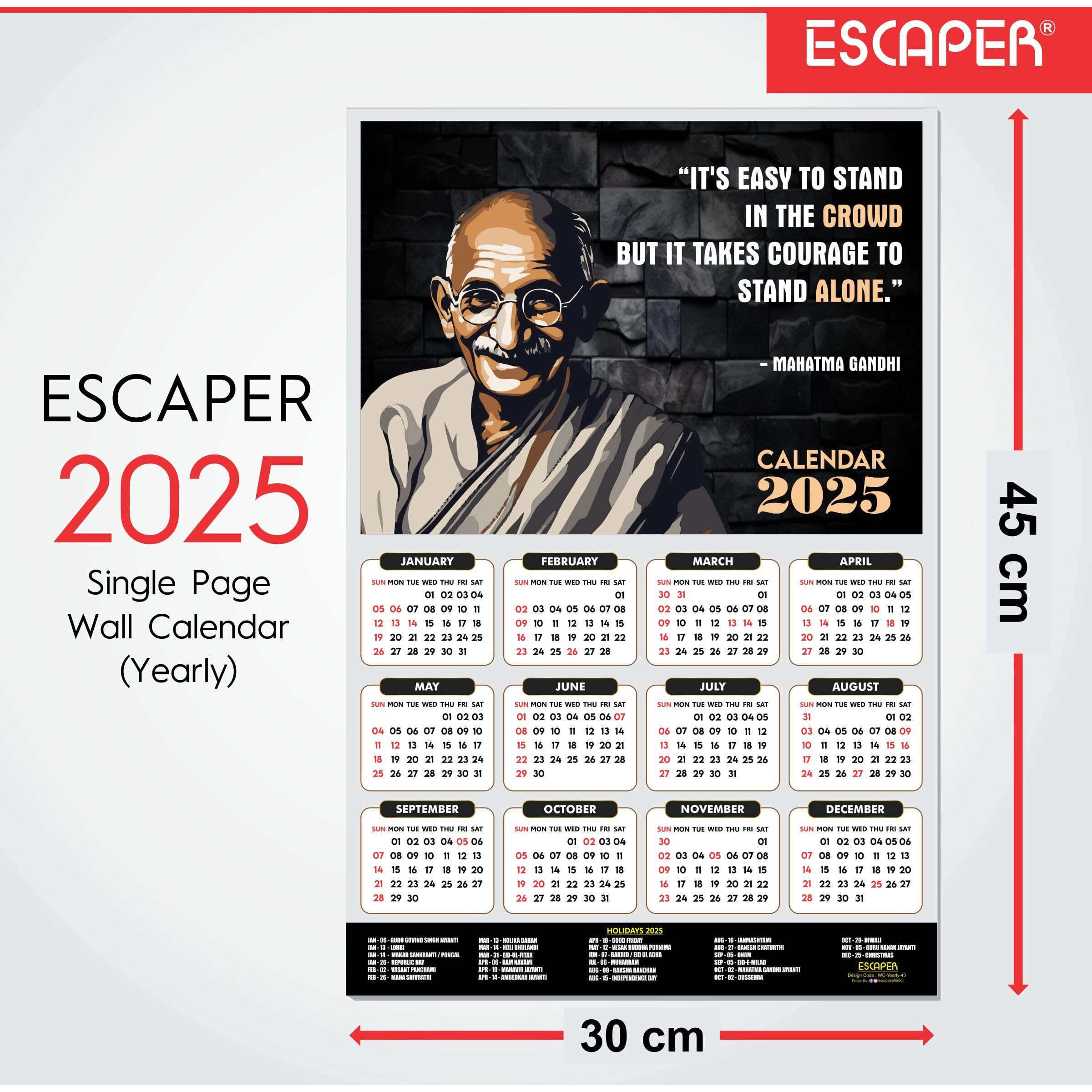 ESCAPER Motivational Wall Calendar 2025 & Inspirational Quotes (12 x 18, 300 GSM), Famous Quotes Wall Calendar 2025, Wall Calendar 2025 for Room Decoration, Wall Art